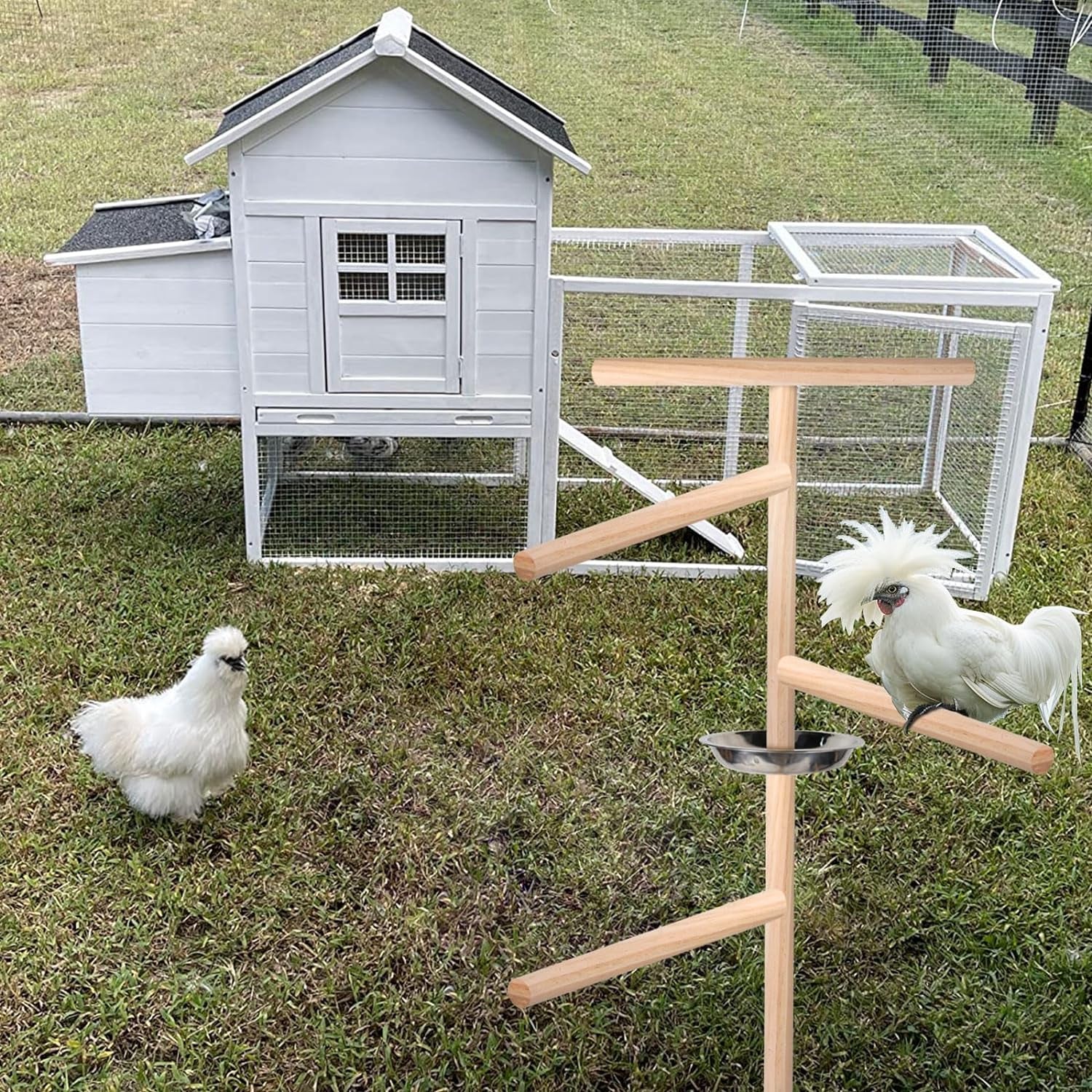 2 PC Chicken Perch Toy with Feeder Bowl for Coop (57"H), 9Parts 3 Minutes Installation, Wooden Chicken Roost 33Mm Diameter Stand with Metal Ground Plug, Chicken Coop Accessories, Chicken Roosting Bars