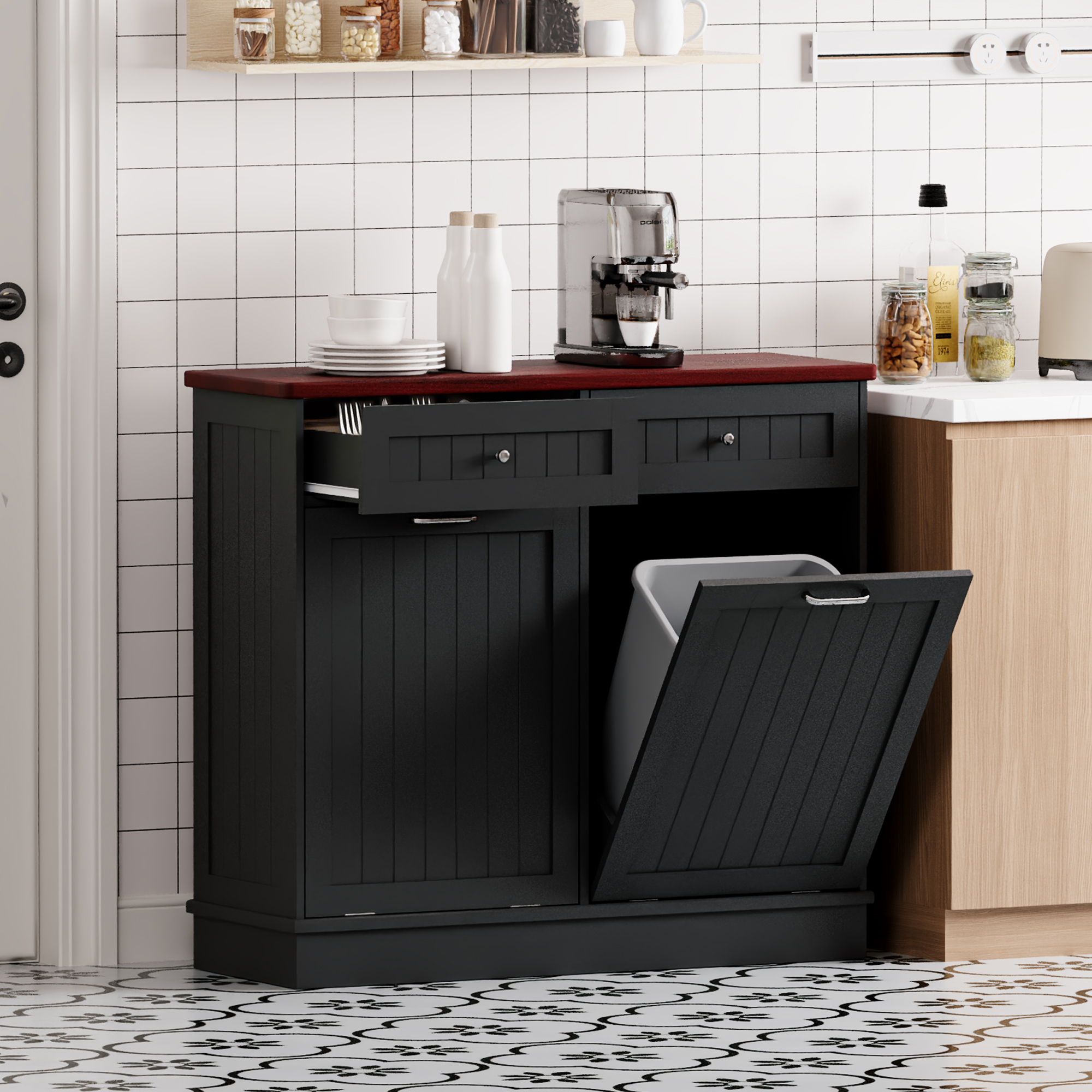 Betterhood 2 x 13 Gallon Tilt Out Trash Cabinet with 2 Big Storage Drawer, Solid Wooden Trash Garbage Can Cabinet, Mid-Century Modern Recycling Cabinet & Laundry Sorter for Kitchen Dining Room, Black