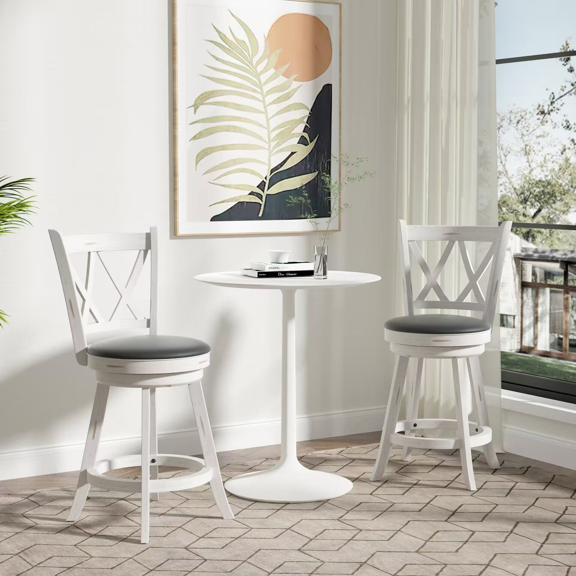 Betterhood 24" Counter Height Swivel Bar Stools - High Back Swivel Counter Stools with Upholstered Seat & Solid Wood Footrest, Counter Bar Chairs for Kitchen Island & Pub (Antique White, Set of 2)