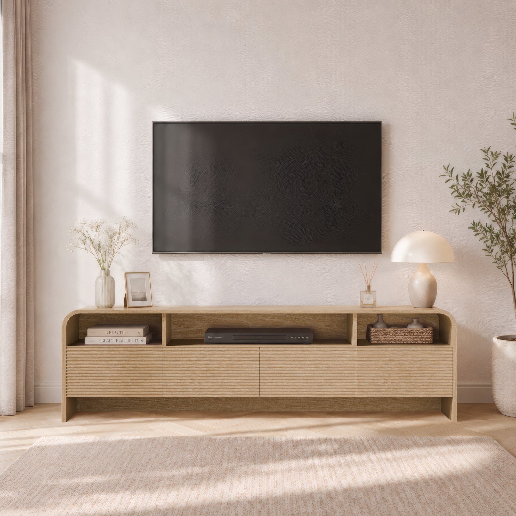 Xilingol 70" Fluted TV Stand, Modern Media Console for TVs up to 80", Natural Oak