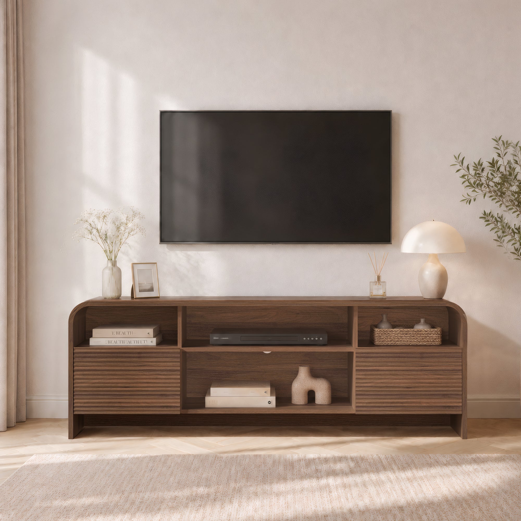 Xilingol 59" Fluted TV Stand, Modern Media Console for TVs up to 65", Dark Walnut