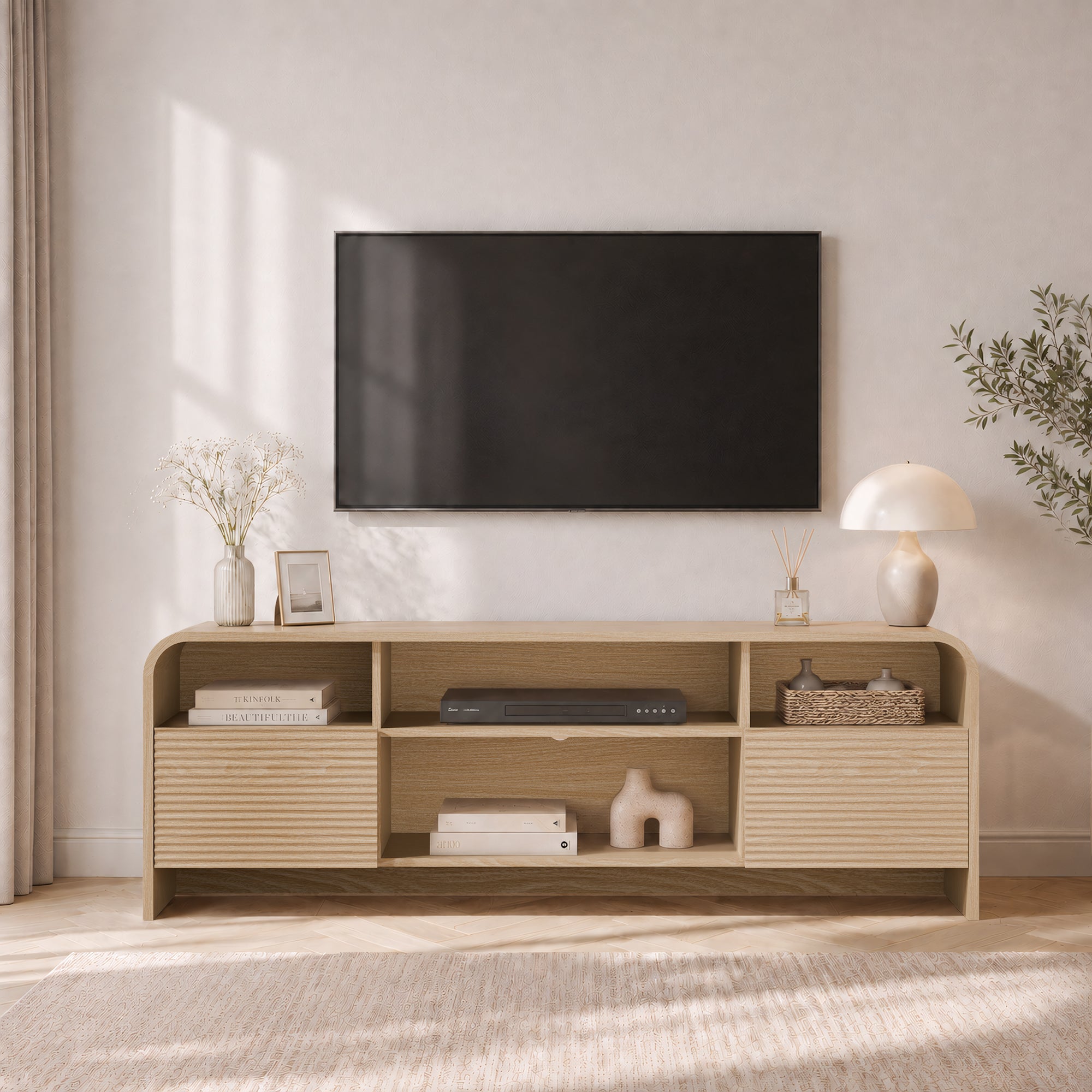 Xilingol 59" Fluted TV Stand, Modern Media Console for TVs up to 65", Natural Oak