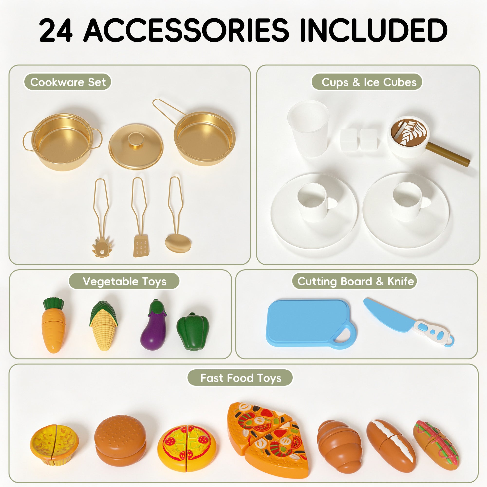 Xilingol Kids Kitchen Playset, Wooden Play Kitchen with 24 Accessories, Mint Green