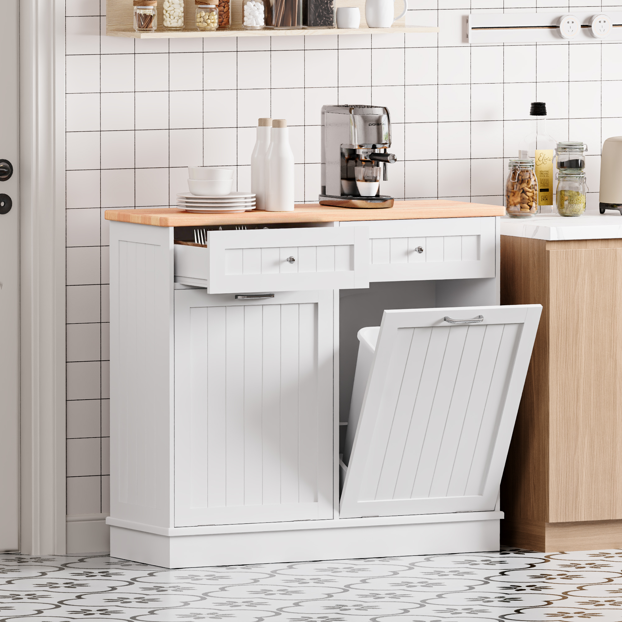 Betterhood 2 x 13 Gallon Tilt Out Trash Cabinet with 2 Big Storage Drawer, Solid Wooden Trash Garbage Can Cabinet, Mid-Century Modern Recycling Cabinet & Laundry Sorter for Kitchen Dining Room, White