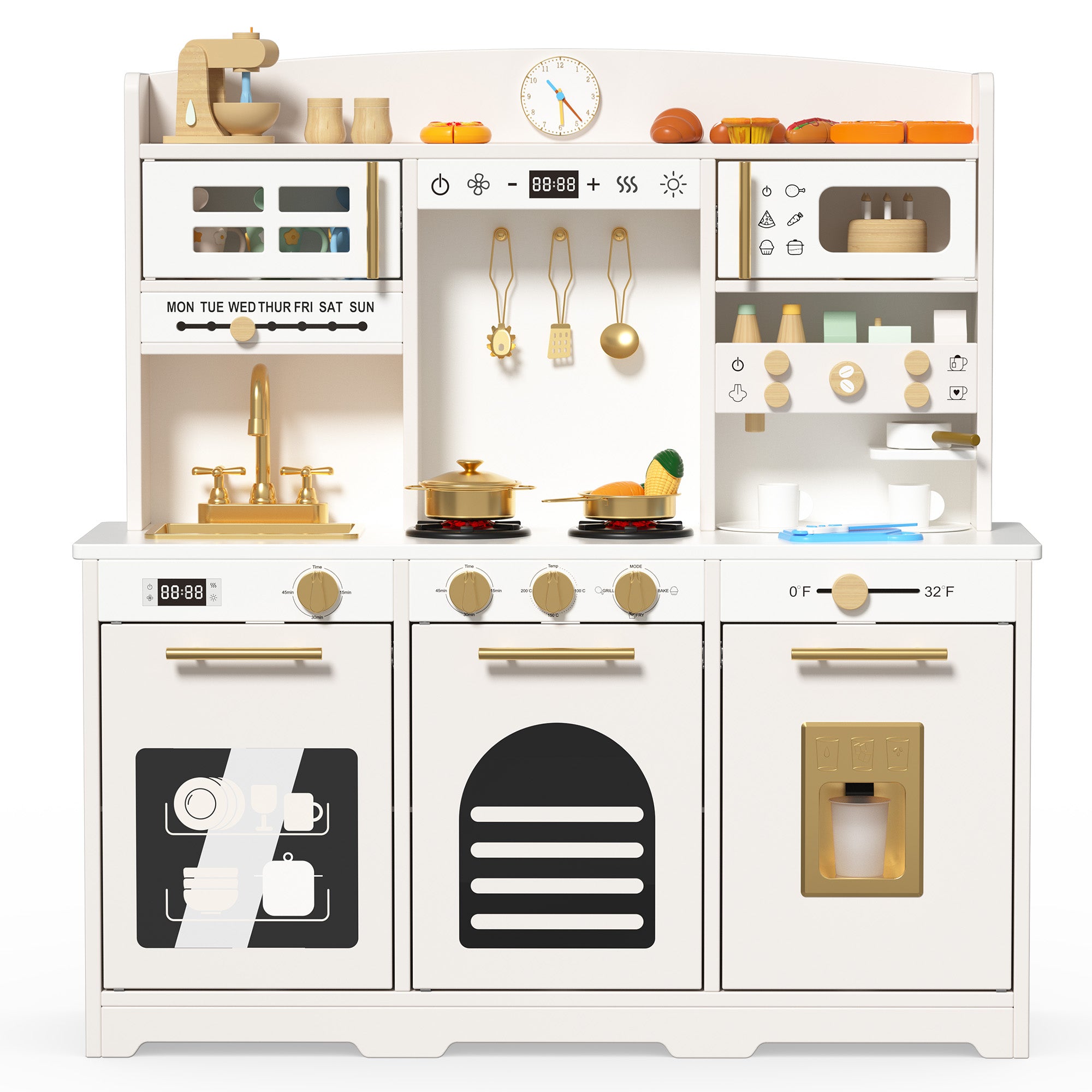 Xilingol Kids Kitchen Playset, Wooden Play Kitchen with 24 Accessories, Cream White