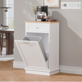 Betterhood Single Tilt Out Trash Cabinet with Power Outlet, Wooden Hidden Garbage Can Holder with a Big Storage Drawers for Kitchen, Living Room, Laundry, White