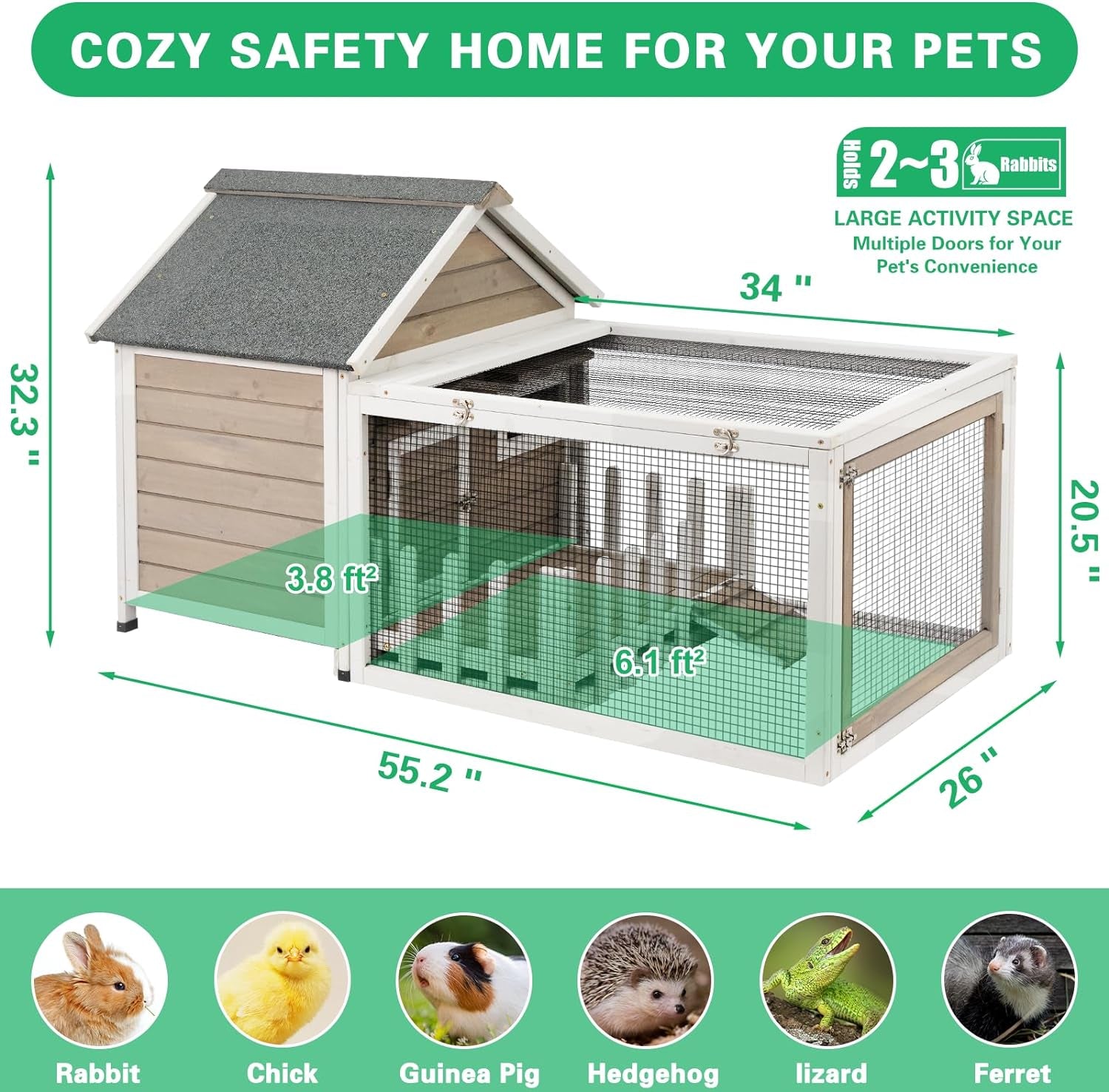 Outdoor Large Wooden Rabbit Hutch with White Picket Fence Front Porch Rabbit Cage with Run Indoor Bunny Hutch Guinea Pig Pet House Bunny Cage with Ramp, Pull Out Tray, Openable Asphalt Roof