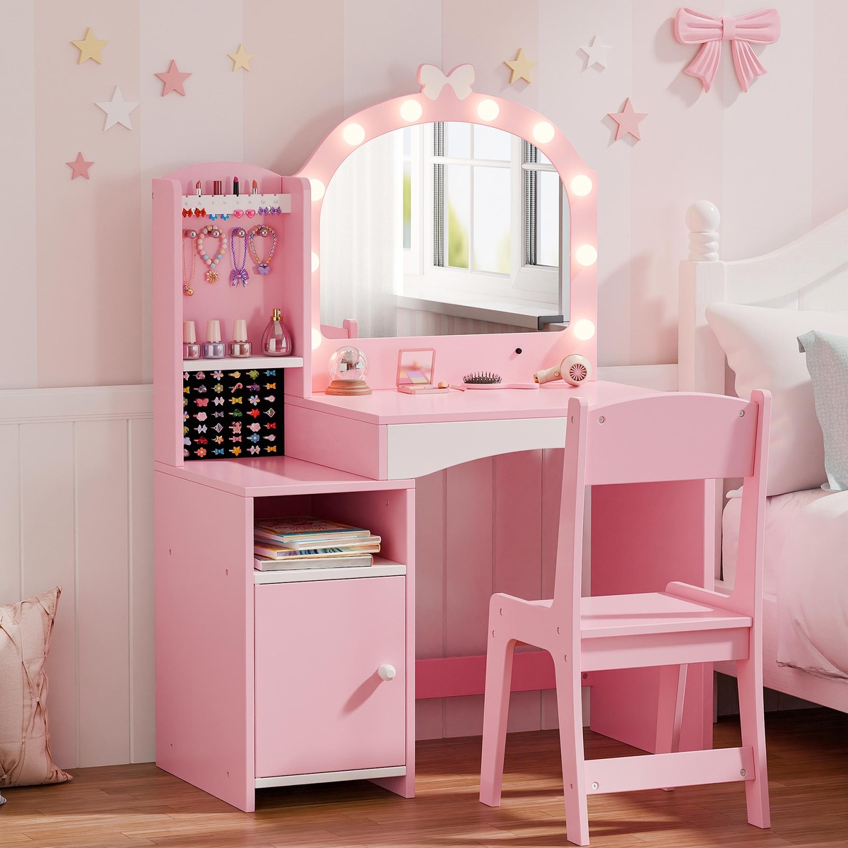 Topwin Kids Vanity, Girl Vanity Set with Mirror and Chair, 2 in 1 Toddler Vanity with Jewelry Storage, Wooden Princess Makeup Desk Dressing Table Pink