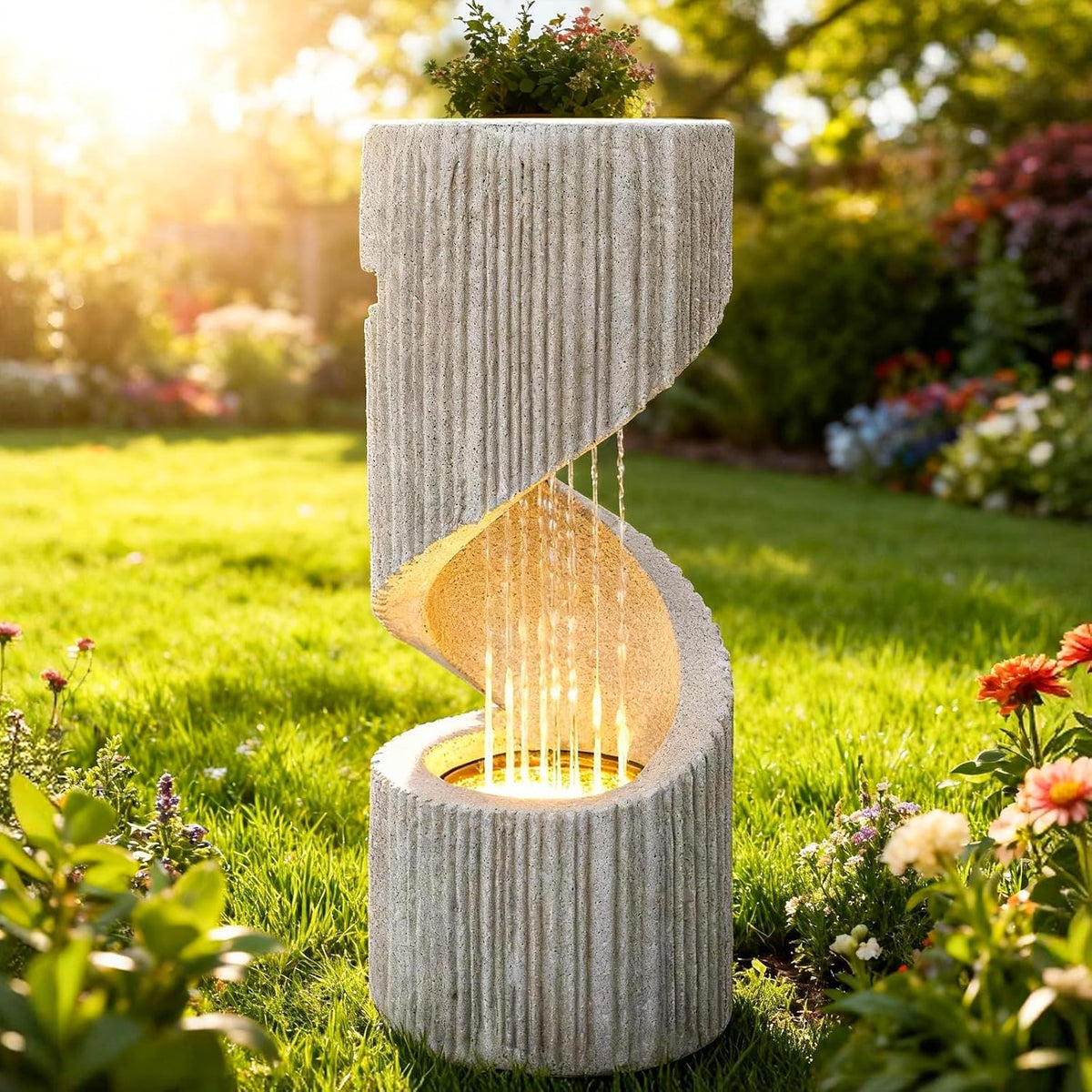 30" H Outdoor Water Fountain with LED Light, S-Shaped Modern Curved Outdoor Fountain, Spiral Column Fountain, Decorative Waterfall Feature with Flat Top Plant Display for Garden, Patio Decor
