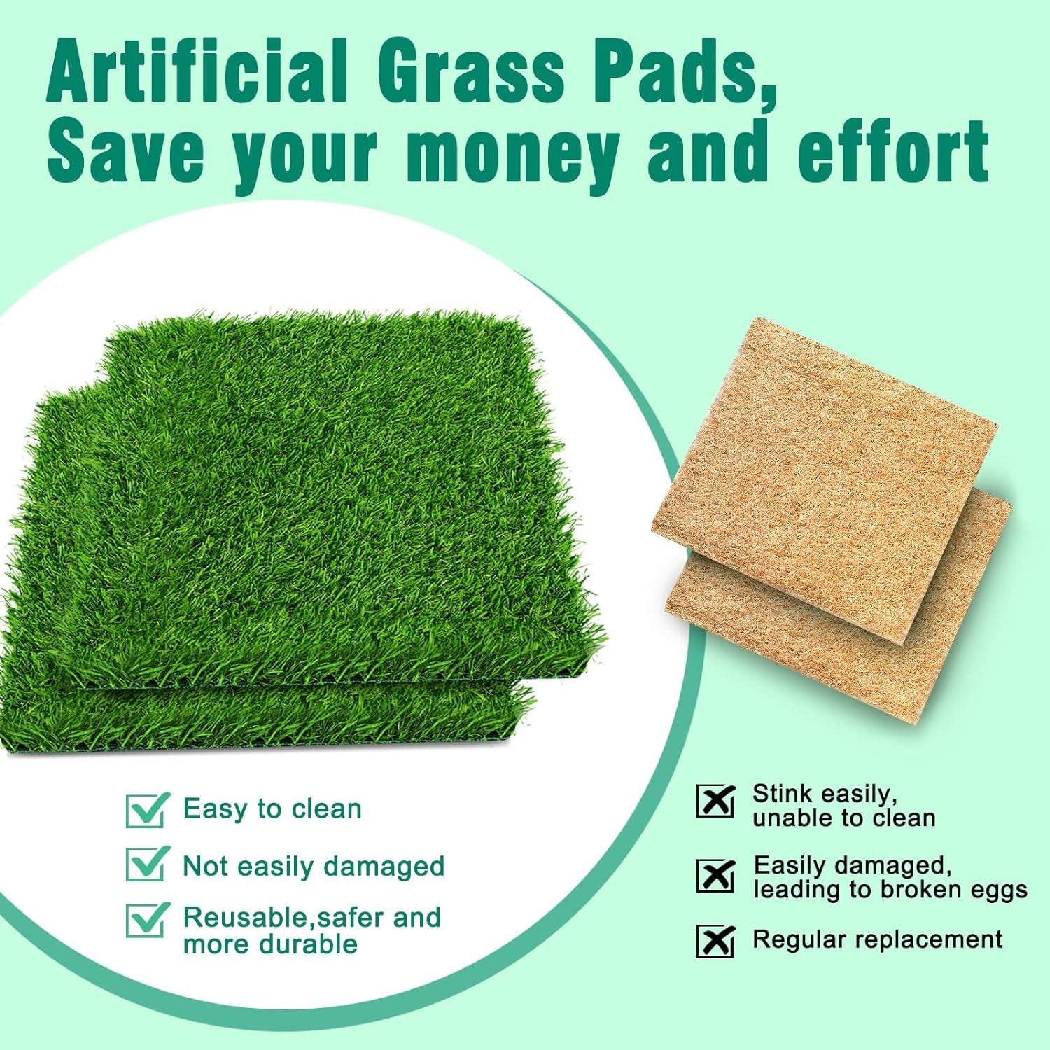 6 Pack Chicken Nesting Box Pads - Washable Artificial Grass Nesting Pads - Chicken Nesting Pads for Chicken Coop and Pet Garden Lawn Indoor Outdoor 12"×12"×1"