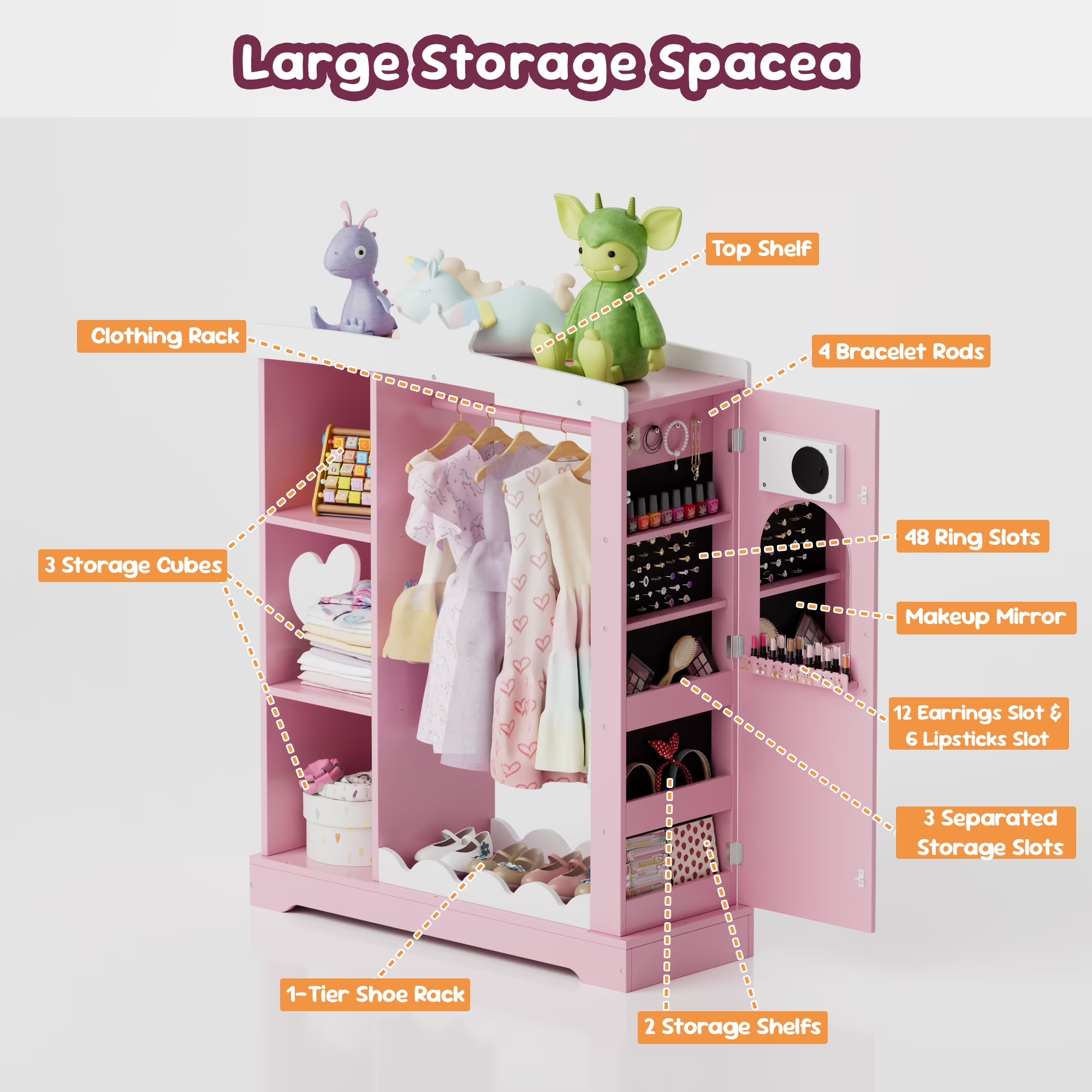 Tolead Kids Dress-Up Closet with Mirror & Jewelry Storage, Toddler Costume Organizer with Hanging Rod & Shelves, Pink Wardrobe for Girls’ Bedroom