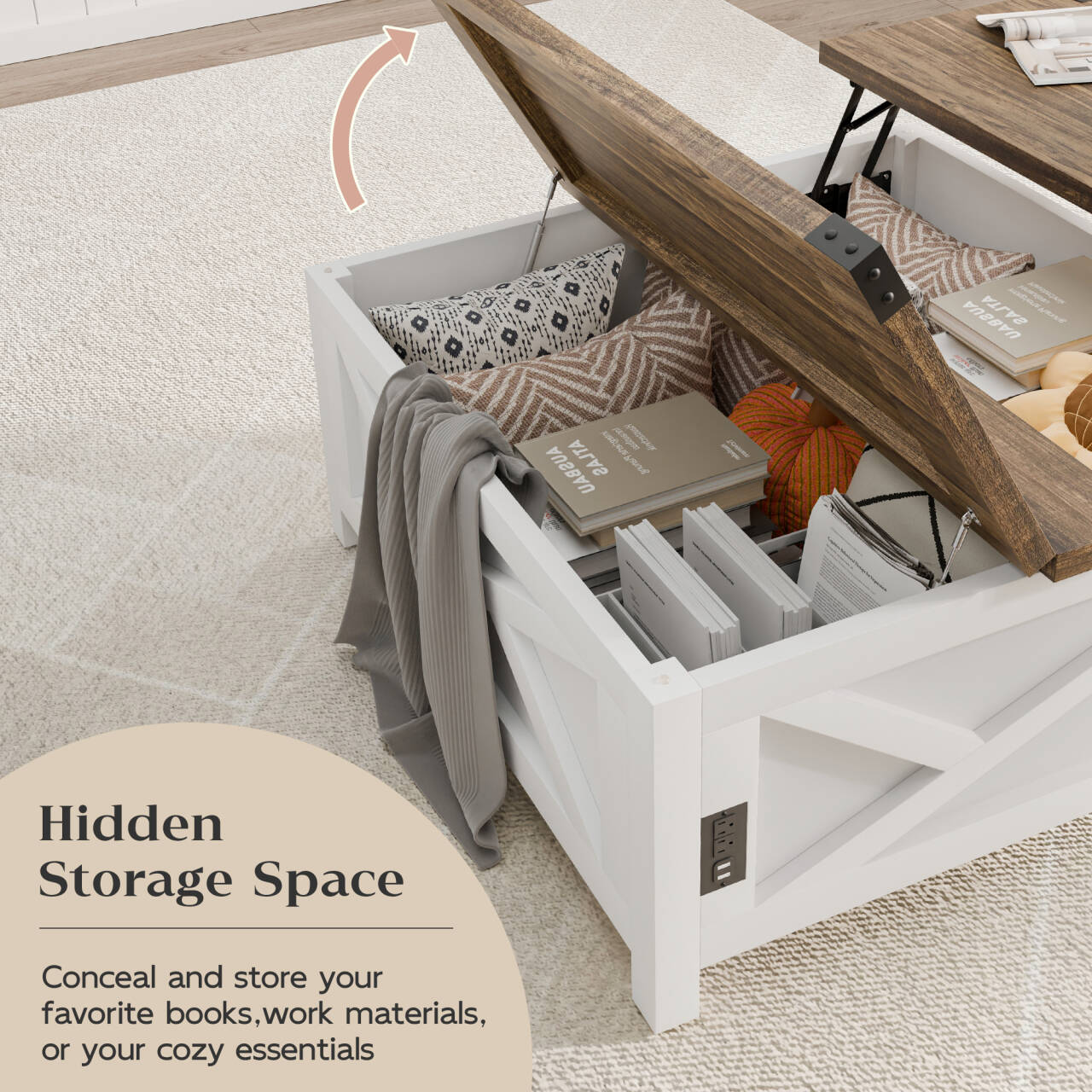 Farmhouse Wood Coffee Table with Charging Station and Barn Door for Living Room, White