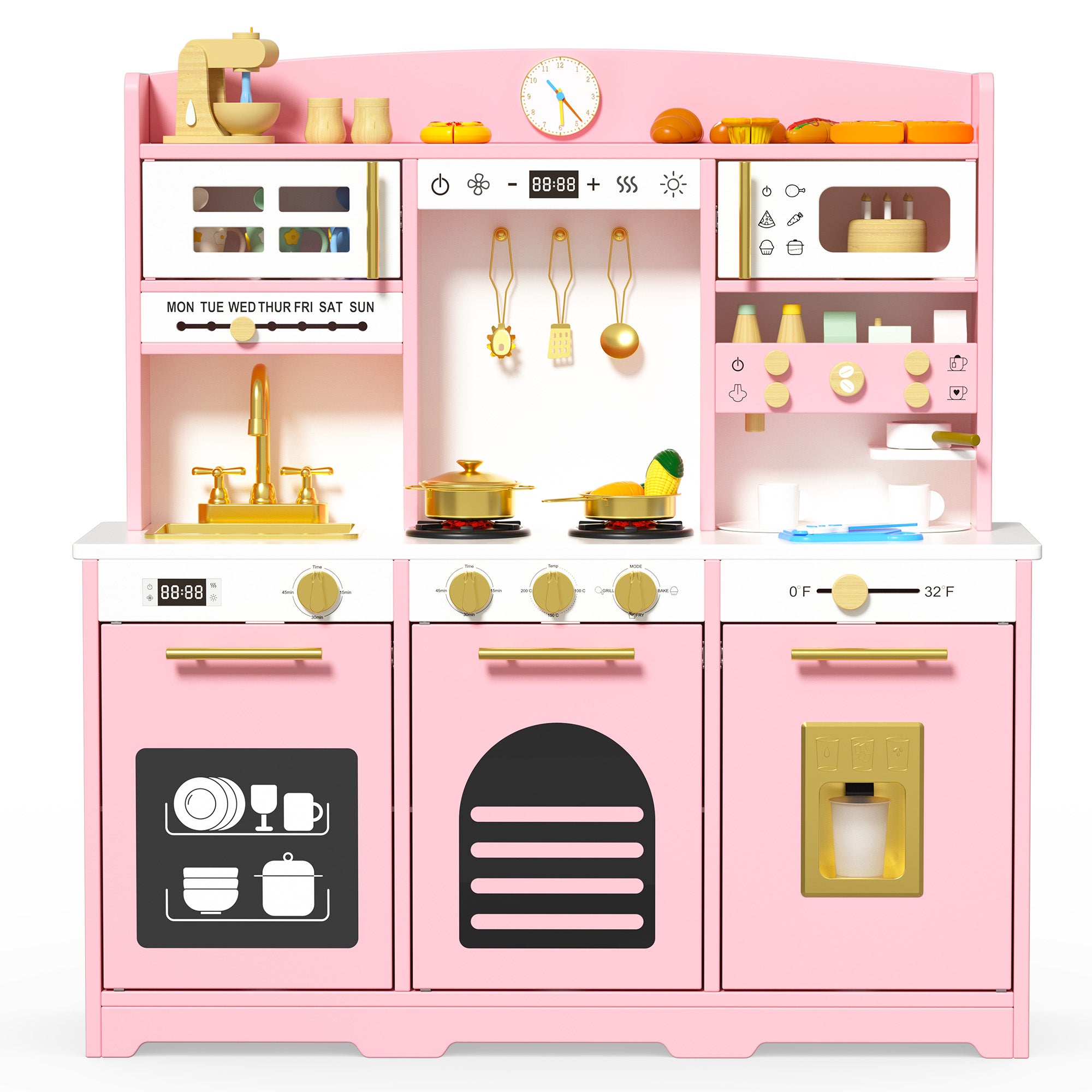 Xilingol Kids Kitchen Playset, Wooden Play Kitchen with 24 Accessories, Pink