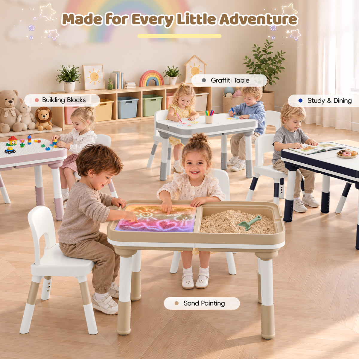 Xilingol 5-in-1 Kids Table and Chairs Set, Sand Painting Box for Toddlers