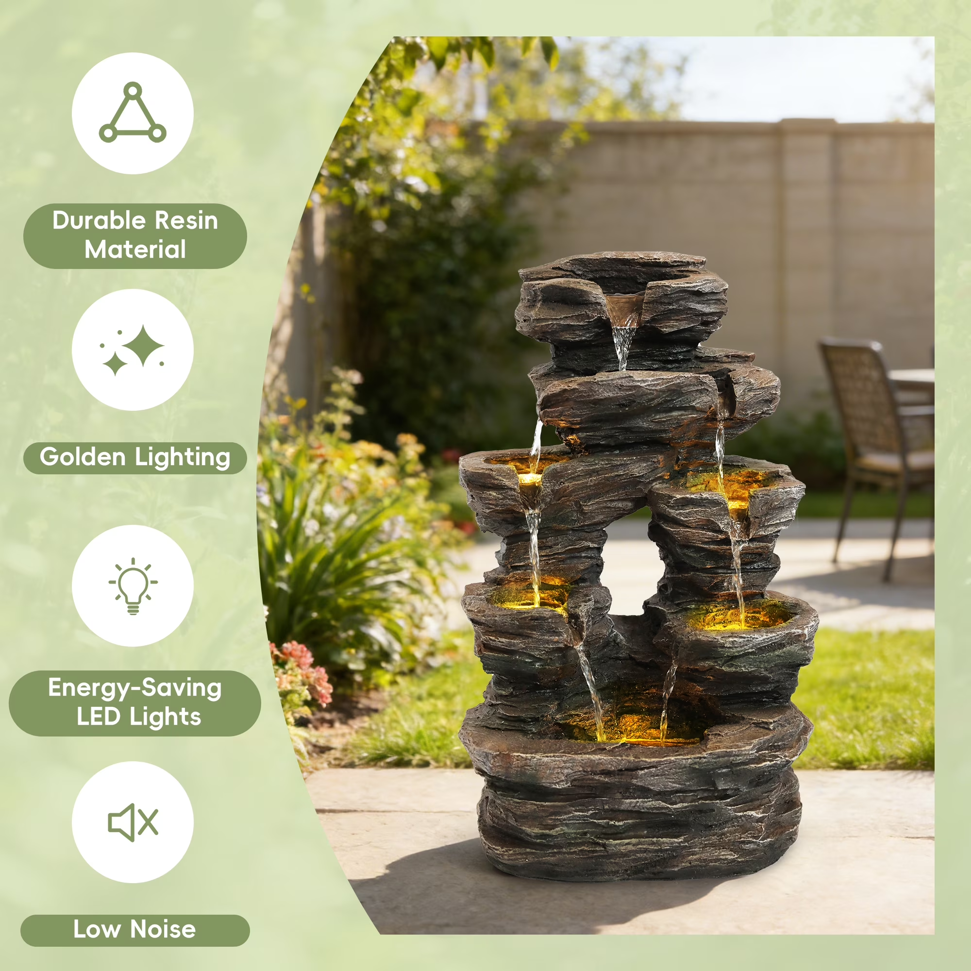 7-Tier Cascading Rock Water Fountain, Outdoor Water Fountain with LED Light, Adjustable Flow & Electric Pump, Outdoor Garden Waterfall for Patio, Yard, Balcony or Home Decor (Gray)