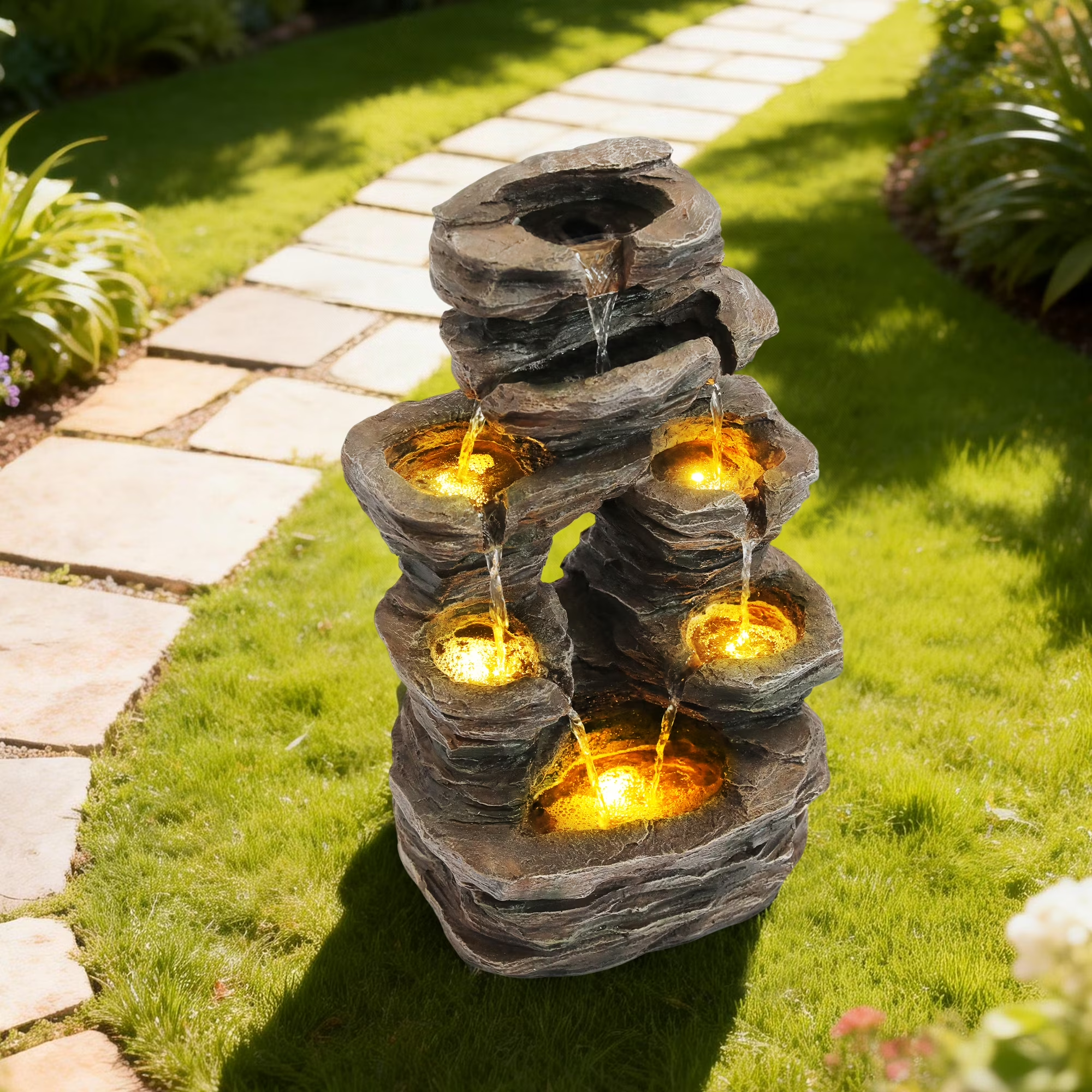 7-Tier Cascading Rock Water Fountain, Outdoor Water Fountain with LED Light, Adjustable Flow & Electric Pump, Outdoor Garden Waterfall for Patio, Yard, Balcony or Home Decor (Gray)