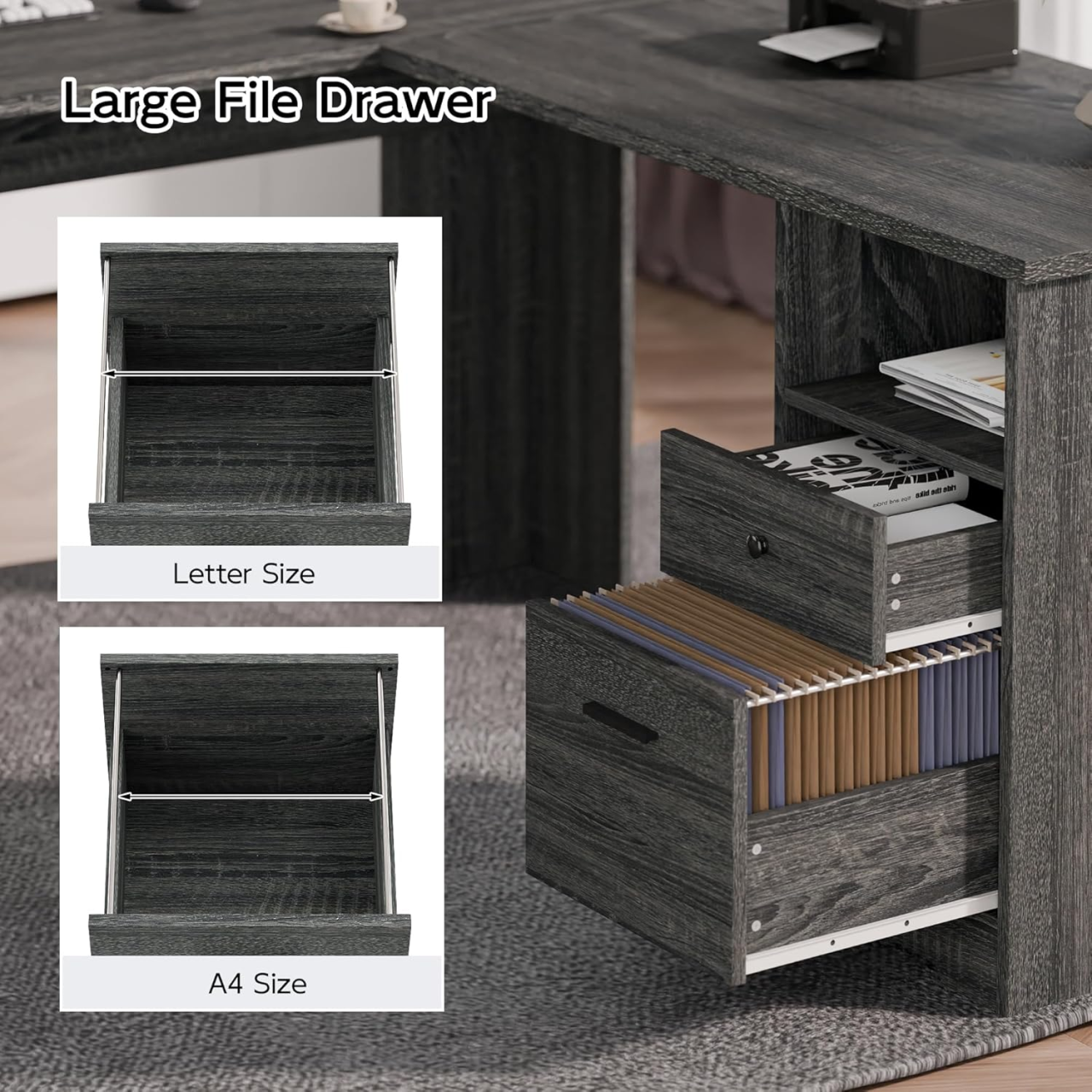 MU L Shaped Desk with File Cabinet, Corner Computer Desk with Storage Drawers, Large Home Office Table with Power Outlets, 60 Inch (Grey)