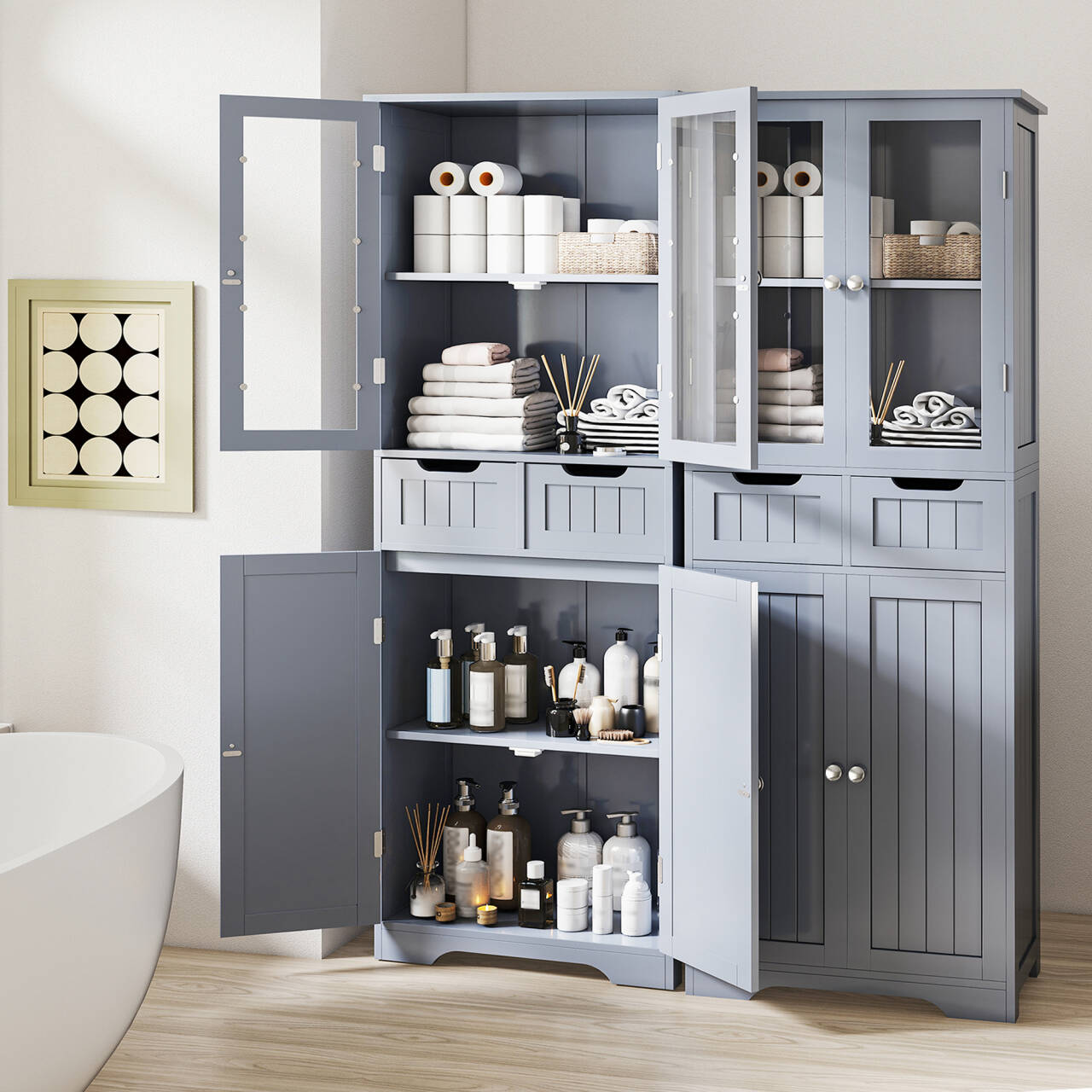 67" Tall Bathroom Storage Cabinet, Freestanding Cabinet with Glass Doors and Shelves, Large Bathroom Pantry with 2 Drawers for Living Room, Kitchen, Dining Room, Office, Gray