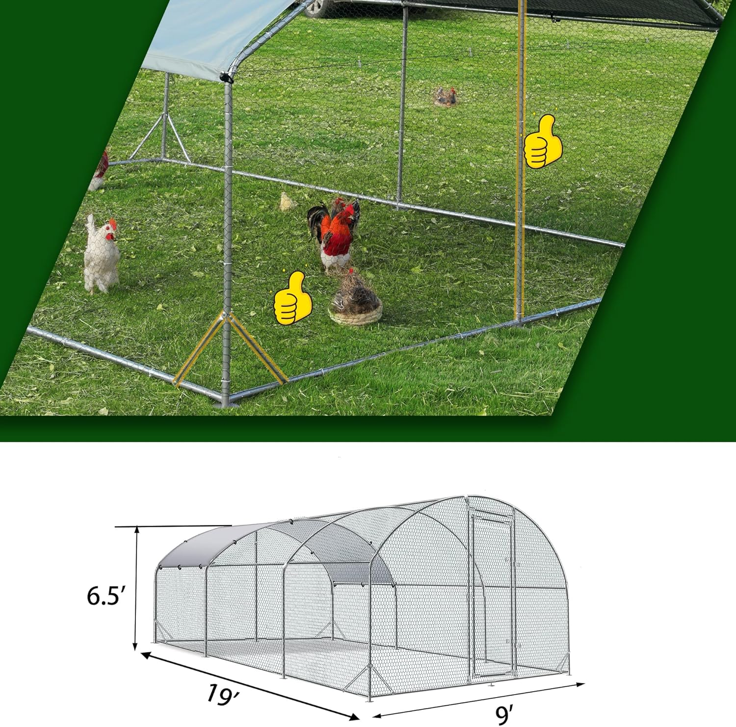 Betterhood Large Metal Chicken Coop Upgrade Tri-Supporting Wire Mesh Chicken Run,Chicken Pen with Water-Resident and Anti-UV Cover,Duck Rabbit House Outdoor(9'W x 19'L x 6.5'H)