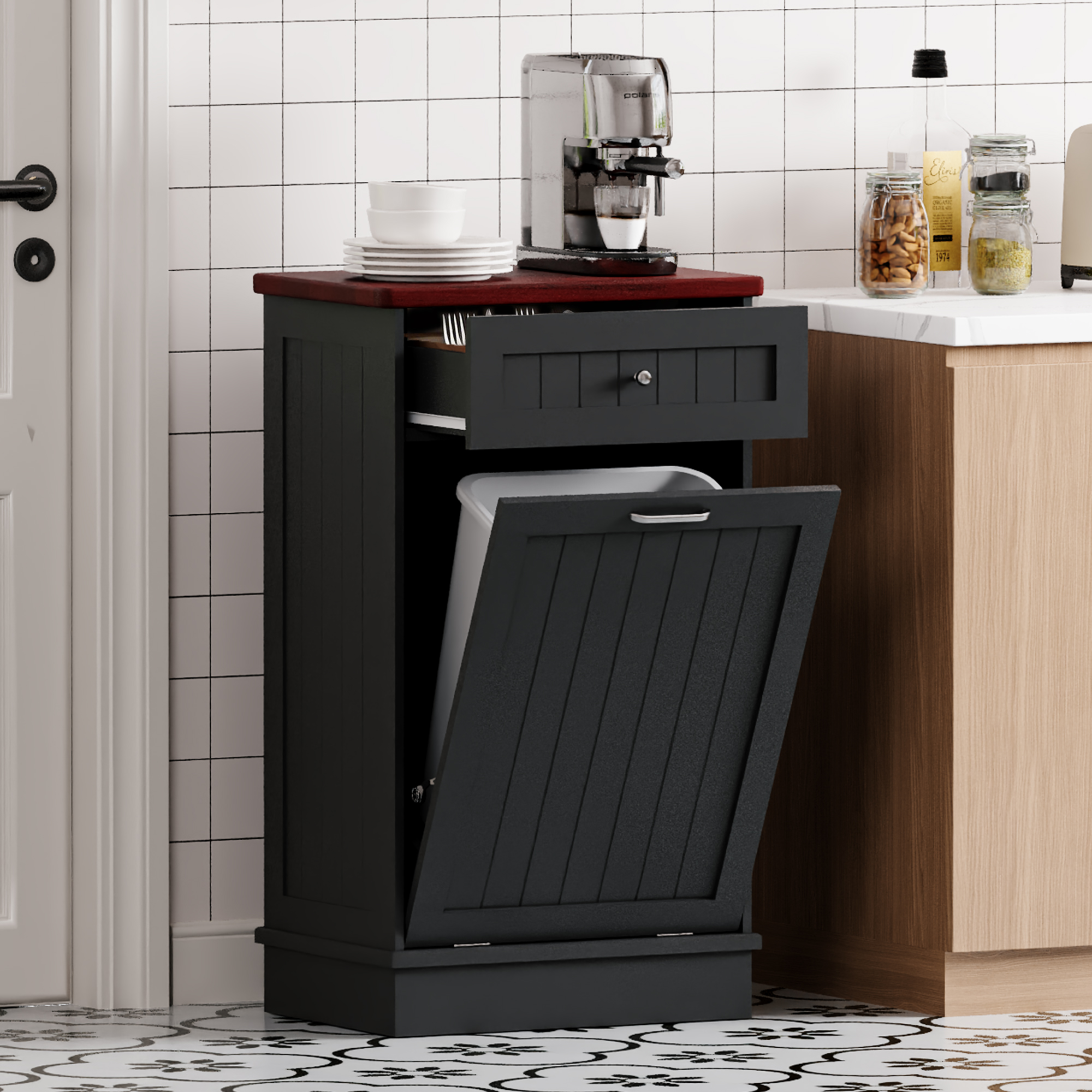 Betterhood 13 Gallon Tilt Out Trash Cabinet with Big Storage Drawer, Solid Wooden Trash Garbage Can Cabinet, Mid-Century Modern Recycling Cabinet & Laundry Sorter for Kitchen Dining Room, Black