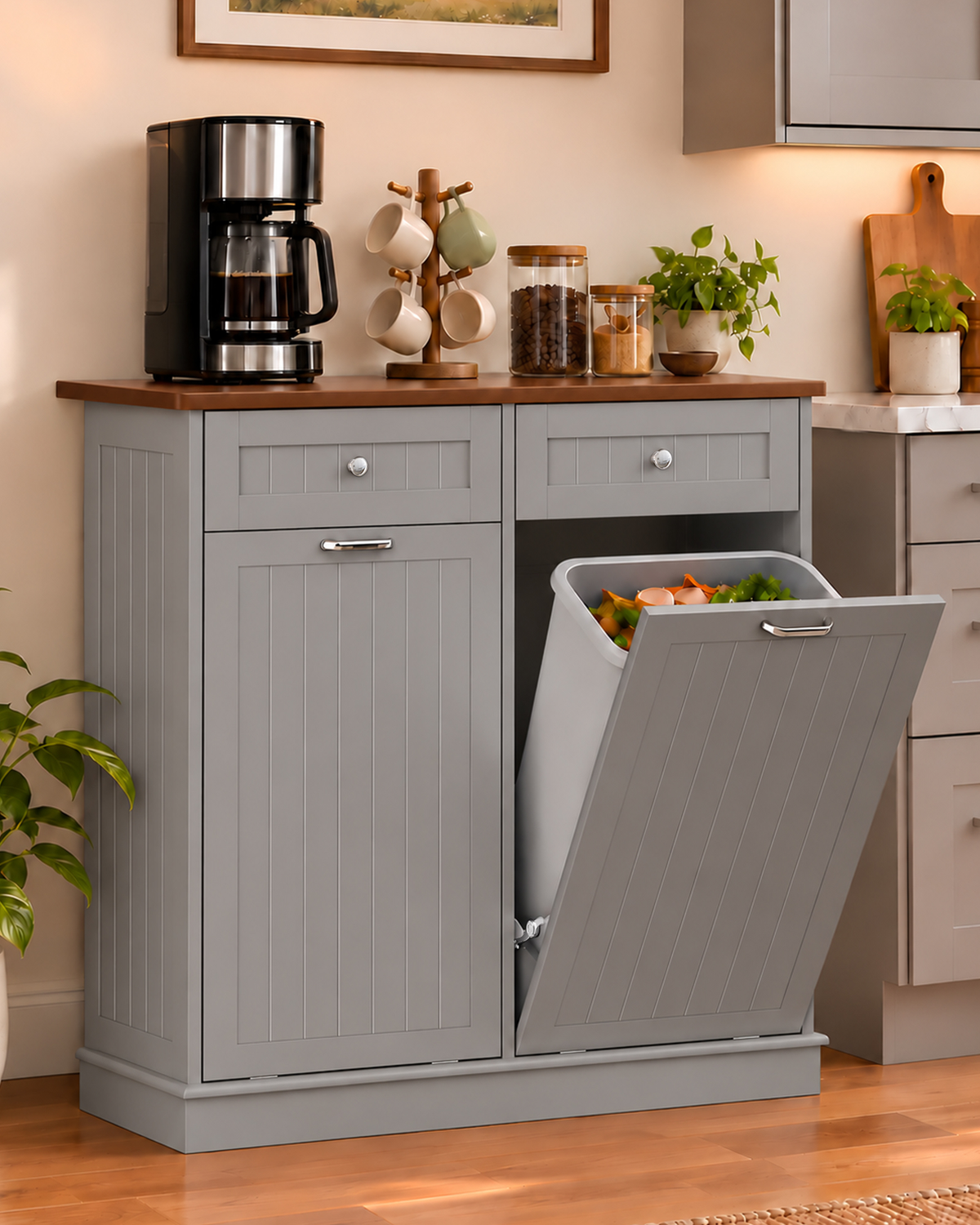 Betterhood 2 x 13 Gallon Tilt Out Trash Cabinet with 2 Big Storage Drawer, Solid Wooden Trash Garbage Can Cabinet, Mid-Century Modern Recycling Cabinet & Laundry Sorter for Kitchen Dining Room, Gray