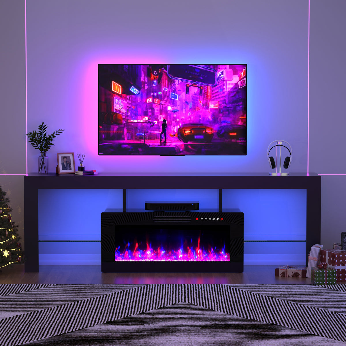Xilingol 70" Modern TV Stand with Fireplace for TVs up to 80", Black