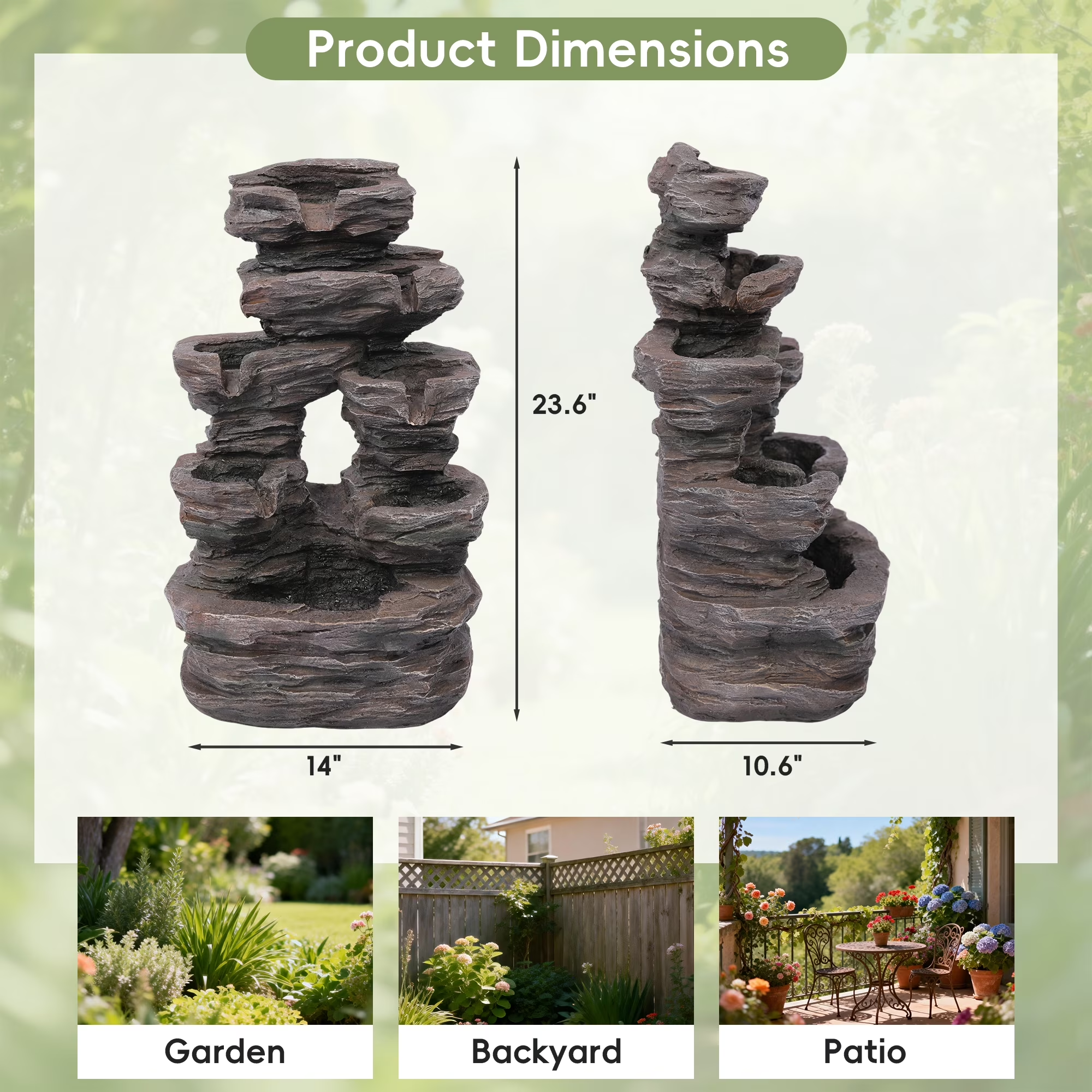 7-Tier Cascading Rock Water Fountain, Outdoor Water Fountain with LED Light, Adjustable Flow & Electric Pump, Outdoor Garden Waterfall for Patio, Yard, Balcony or Home Decor (Gray)