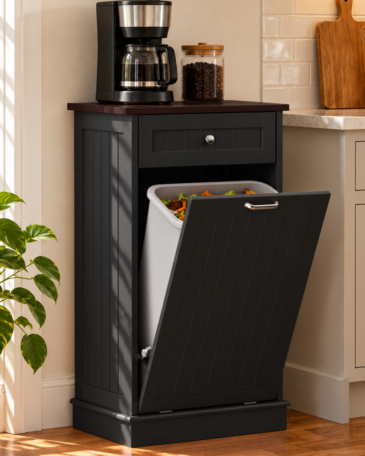 Betterhood 13 Gallon Tilt Out Trash Cabinet with Big Storage Drawer, Solid Wooden Trash Garbage Can Cabinet, Mid-Century Modern Recycling Cabinet & Laundry Sorter for Kitchen Dining RoomBlack