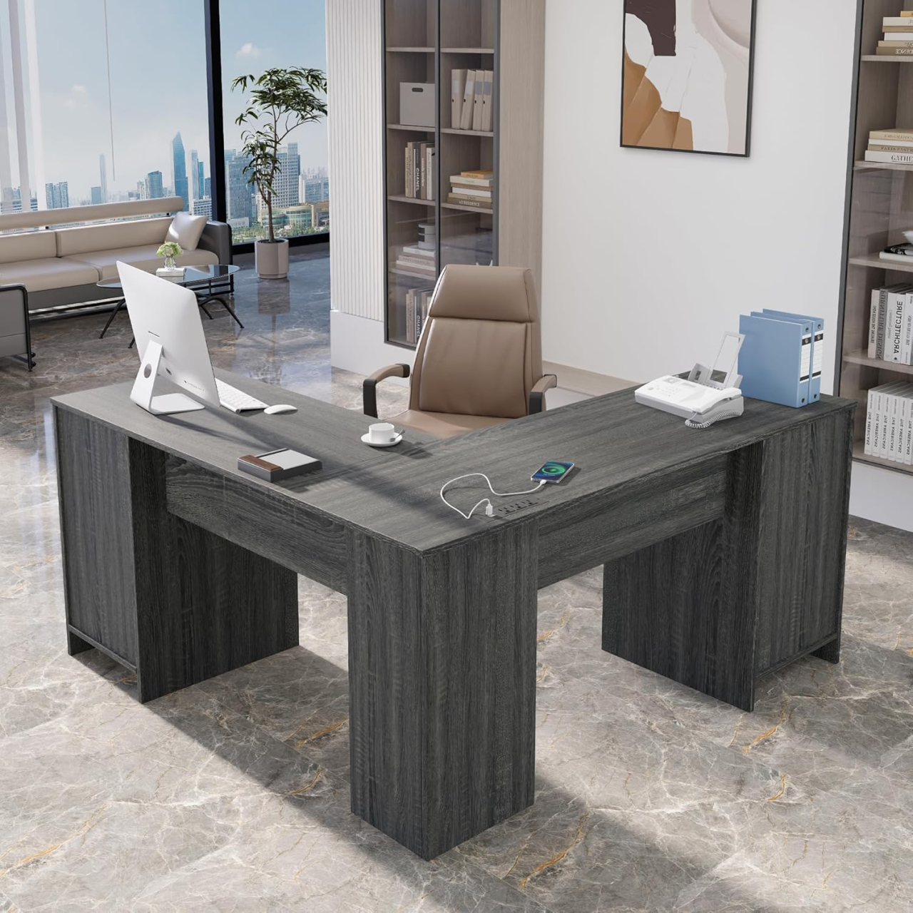 MU L Shaped Desk with File Cabinet, Corner Computer Desk with Storage Drawers, Large Home Office Table with Power Outlets, 60 Inch (Grey)