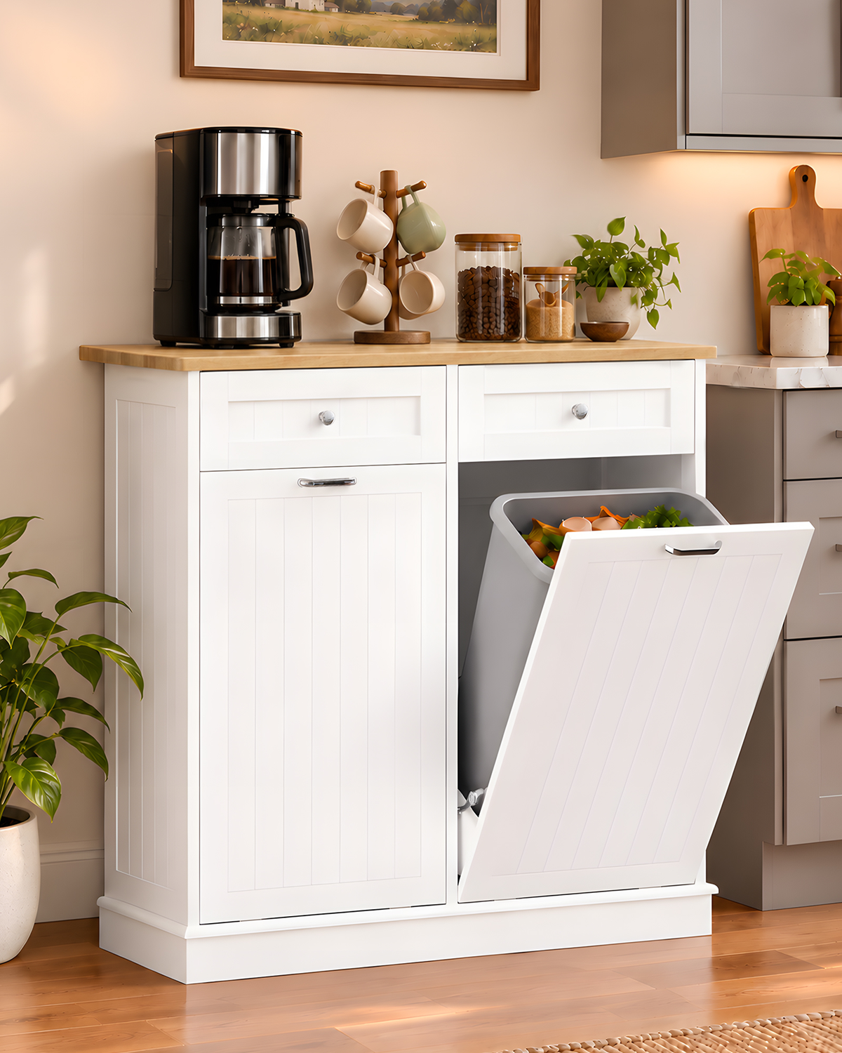 Betterhood 2 x 13 Gallon Tilt Out Trash Cabinet with 2 Big Storage Drawer, Solid Wooden Trash Garbage Can Cabinet, Mid-Century Modern Recycling Cabinet & Laundry Sorter for Kitchen Dining Room, White