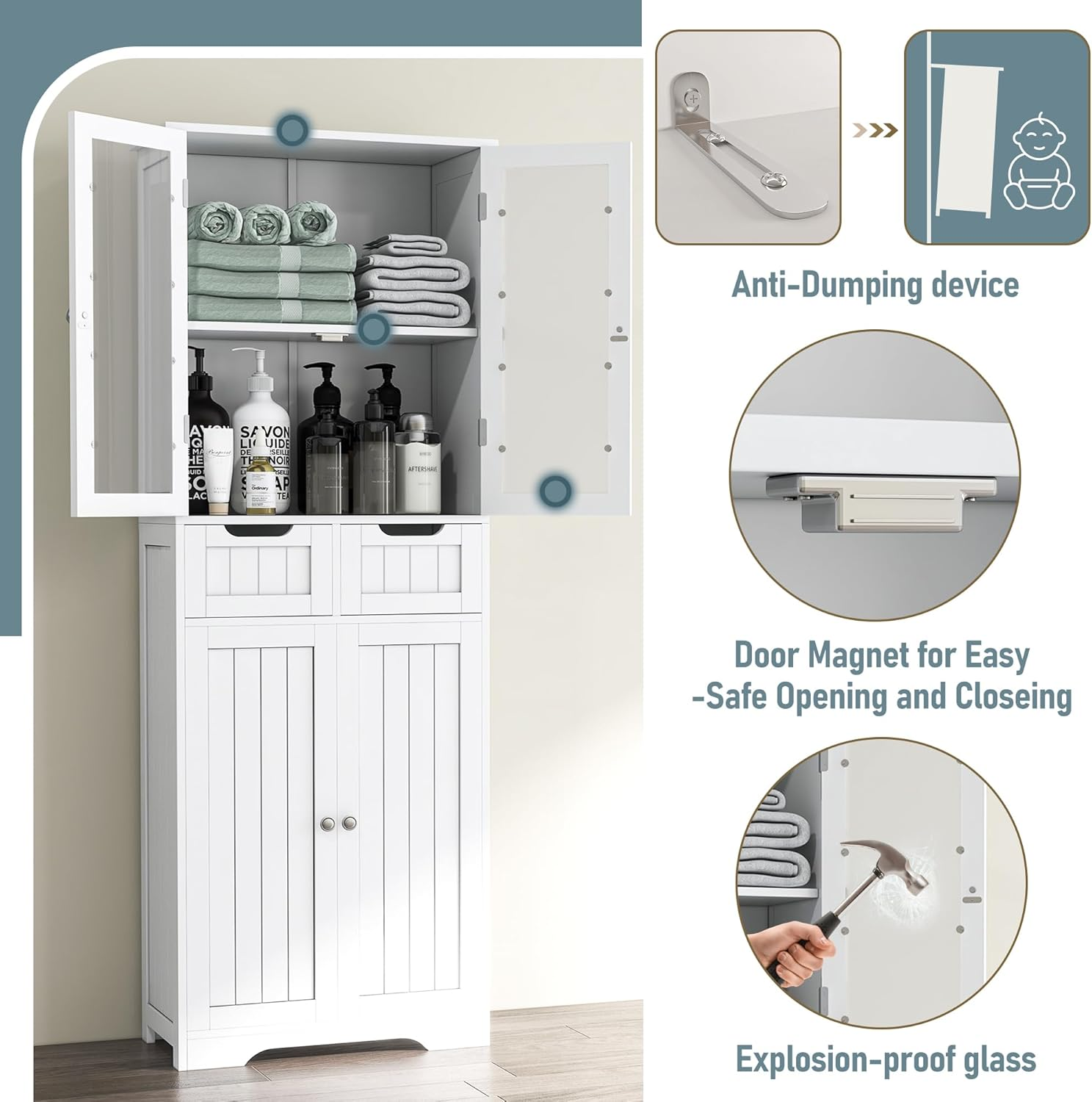 Betterhood 67" Tall Bathroom Storage Cabinet, Freestanding Linen Cabinet with Glass Doors and Shelves, Large Bathroom Pantry Cabinet with 2 Drawers for Living Room, Kitchen, Dining Room, Office, White