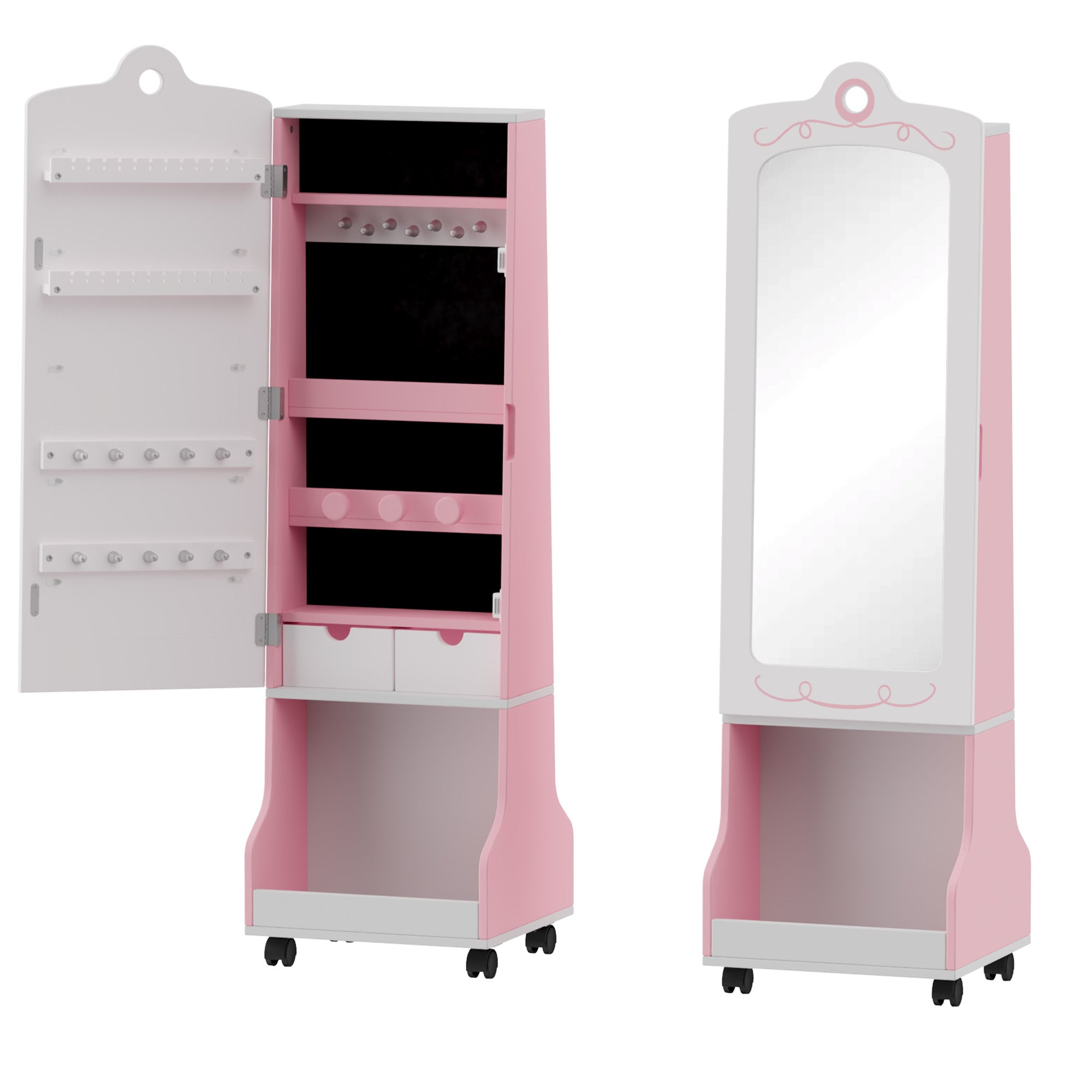 Xilingol Kids Freestanding Jewelry Cabinet with Full-Length Mirror, Princess Pink & White Wooden Jewelry Armoire Organizer on Wheels, Girls Standing Mirror with Bottom Storage Bin & Drawers for Bedroom Pink