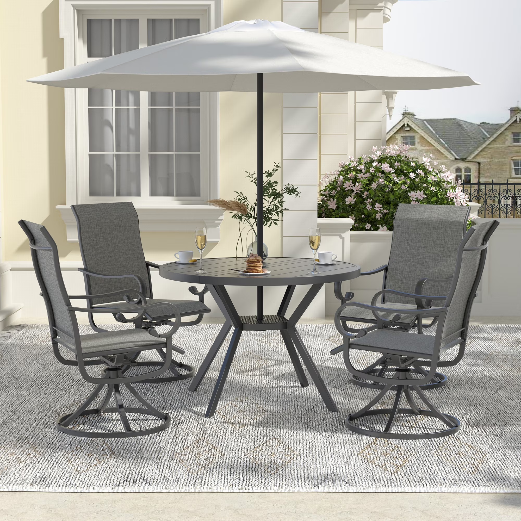 Zidtia 42" Round Outdoor Patio Dining Table, All-Weather Metal Patio Table with Adjustable Umbrella Hole, Weather Resistant Patio Furniture,Grey