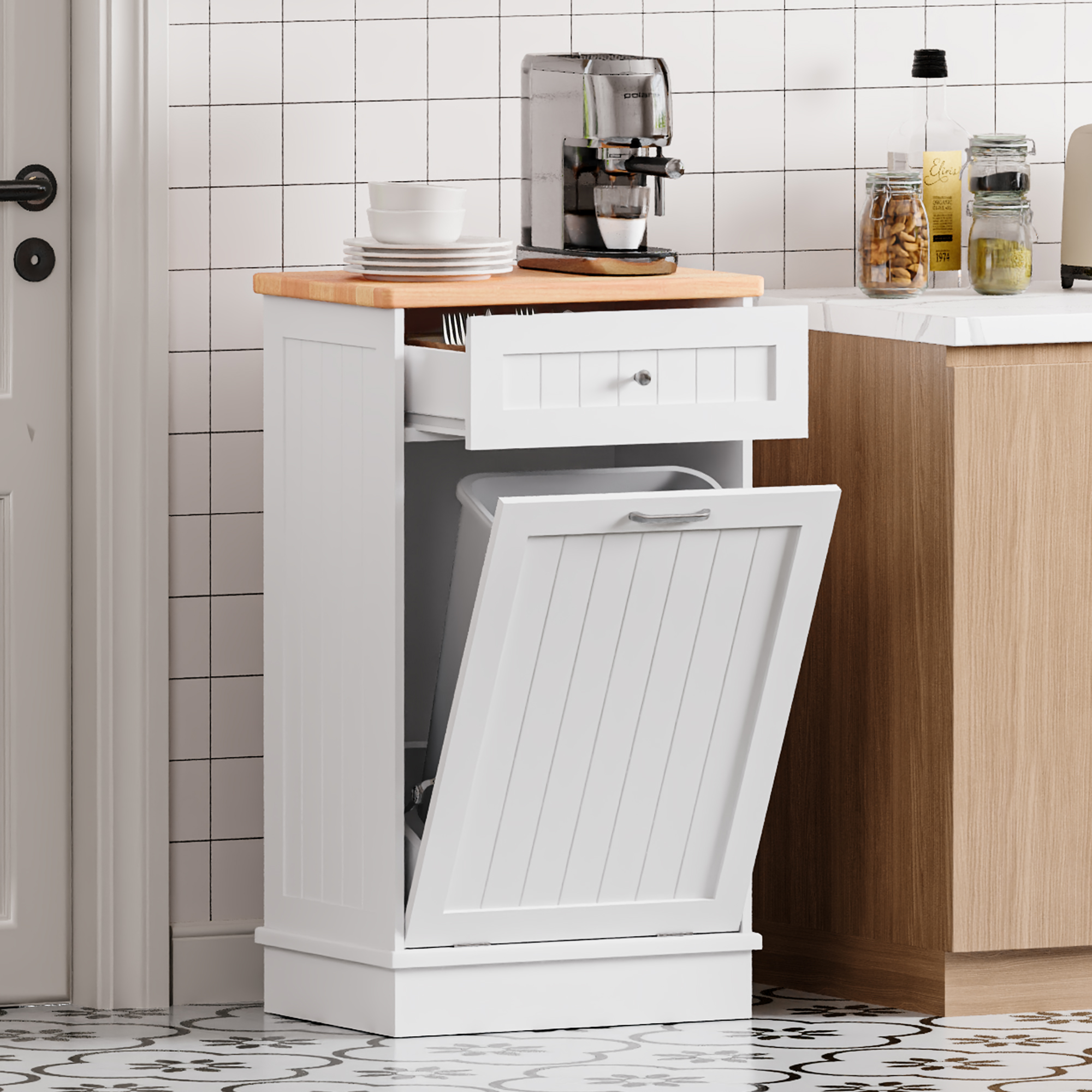 Betterhood 13 Gallon Tilt Out Trash Cabinet with Big Storage Drawer, Solid Wooden Trash Garbage Can Cabinet, Mid-Century Modern Recycling Cabinet & Laundry Sorter for Kitchen Dining Room, White
