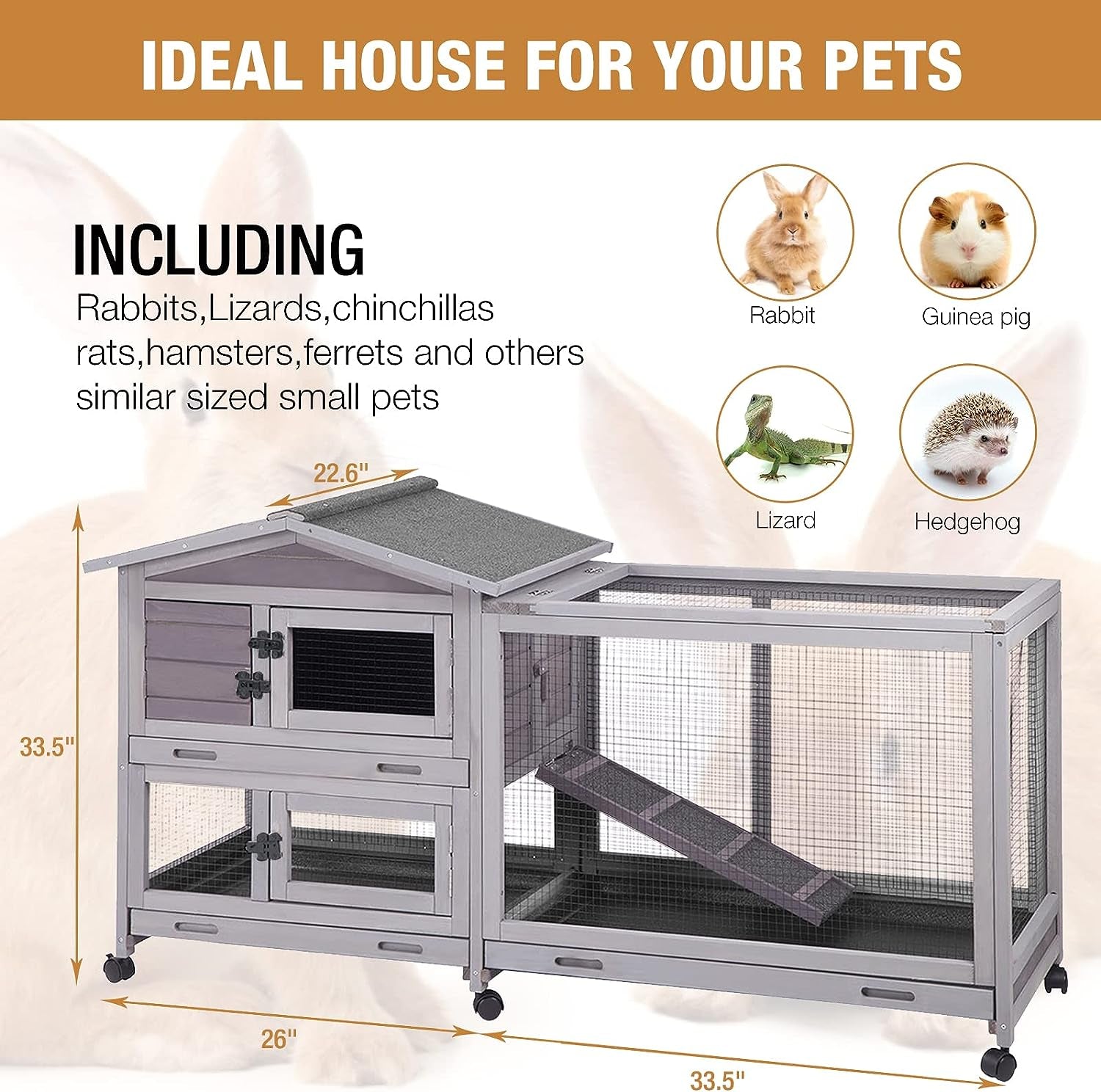 Bunny Cage Indoor and Outdoor Rabbit Hutch with Casters Waterproof Roof, Pull Out Tray from Back and Front