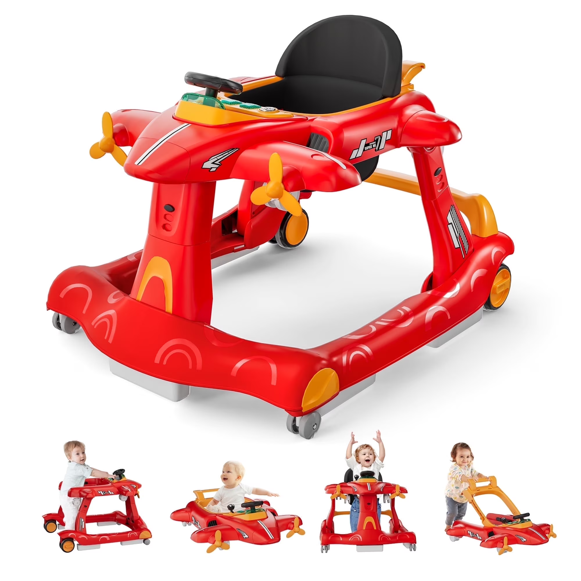 Tolead 4-in-1 Foldable Baby Walker, Activity Push Walker for 6-18 Months, 24" x 29" x 22", Red