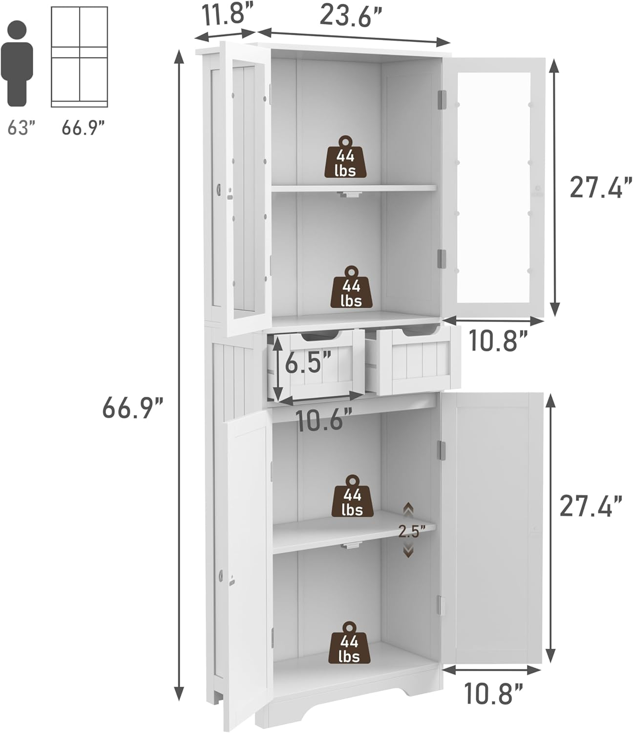Betterhood 67" Tall Bathroom Storage Cabinet, Freestanding Linen Cabinet with Glass Doors and Shelves, Large Bathroom Pantry Cabinet with 2 Drawers for Living Room, Kitchen, Dining Room, Office, White