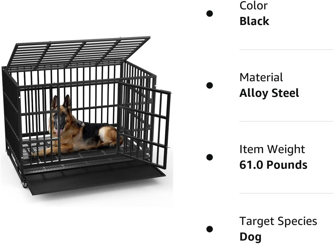 48/38 Inch Heavy Duty Indestructible Dog Crate, Escape Proof Dog Cage Kennel with Lockable Wheels,High Anxiety Double Door,Extra Large Crate Indoor for Large Dog with Removable Tray