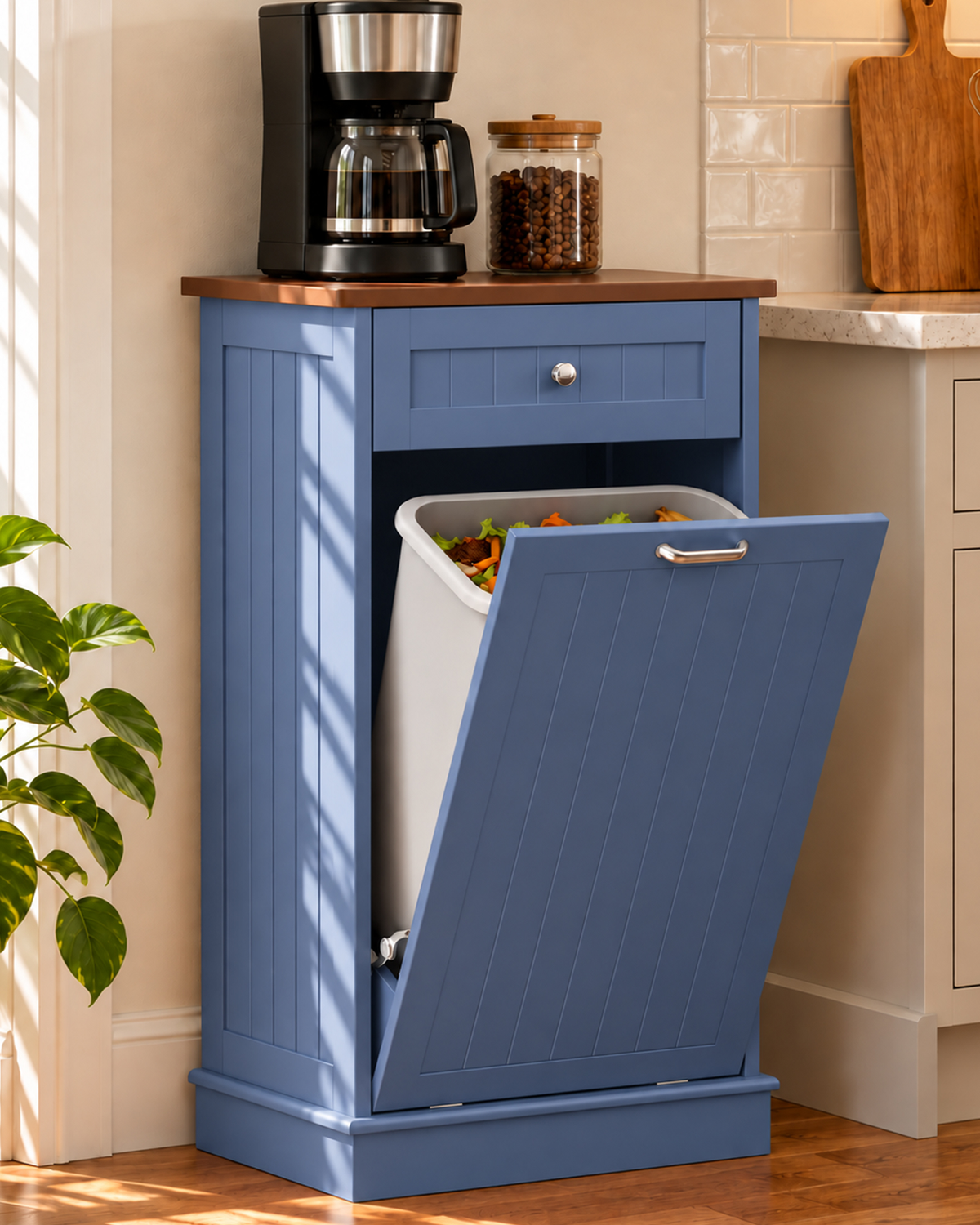 Betterhood 13 Gallon Tilt Out Trash Cabinet with Big Storage Drawer, Solid Wooden Trash Garbage Can Cabinet, Mid-Century Modern Recycling Cabinet & Laundry Sorter for Kitchen Dining Room, Blue