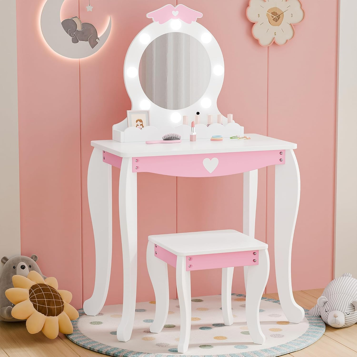 MU Kids Vanity Set with Lighted Mirror and Stool, Kids Make Up Vanity Desk with Storage Space, Wing Pattern for Little Girls, Toddler Princess Makeup Dressing Table with Chair Set, White