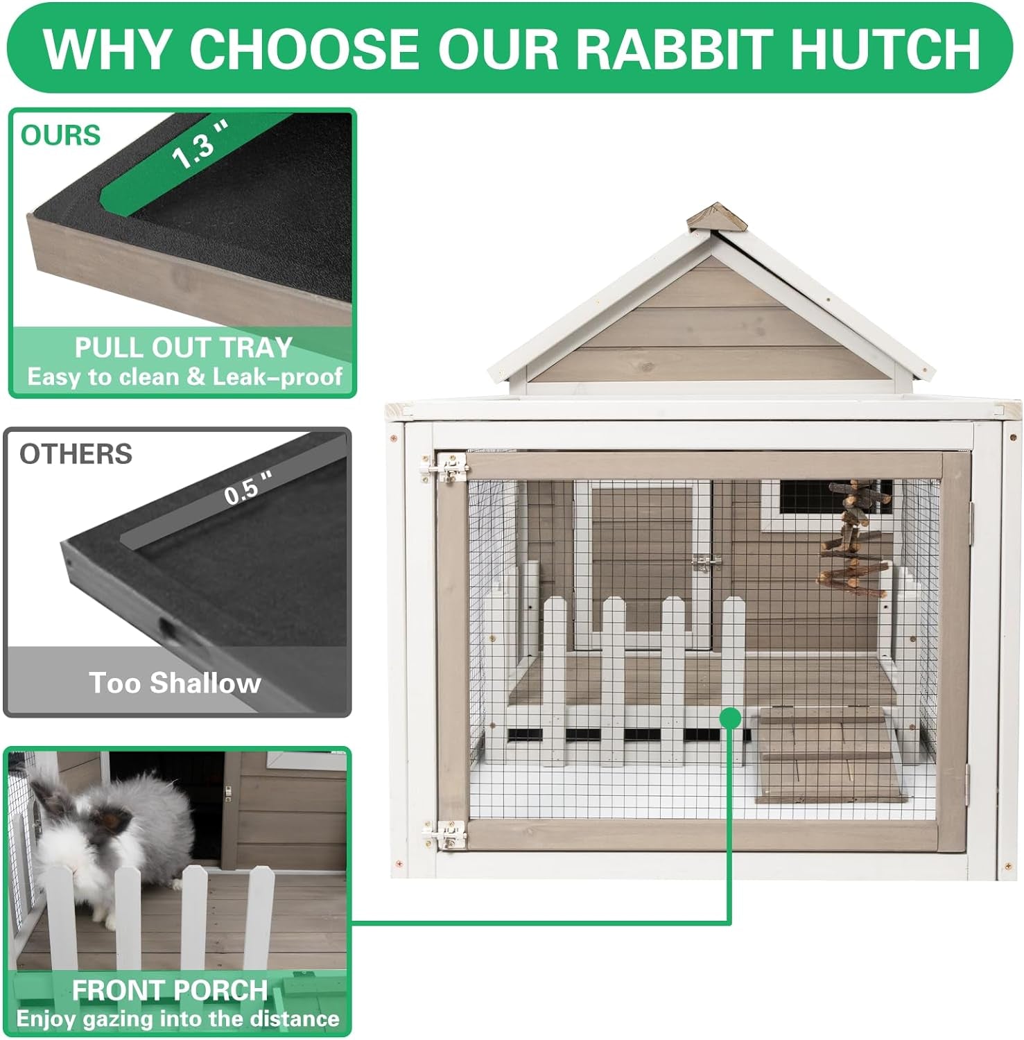 Outdoor Large Wooden Rabbit Hutch with White Picket Fence Front Porch Rabbit Cage with Run Indoor Bunny Hutch Guinea Pig Pet House Bunny Cage with Ramp, Pull Out Tray, Openable Asphalt Roof