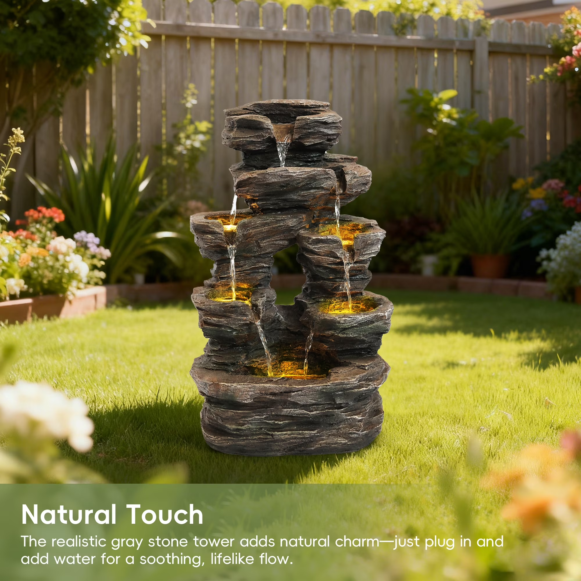 7-Tier Cascading Rock Water Fountain, Outdoor Water Fountain with LED Light, Adjustable Flow & Electric Pump, Outdoor Garden Waterfall for Patio, Yard, Balcony or Home Decor (Gray)
