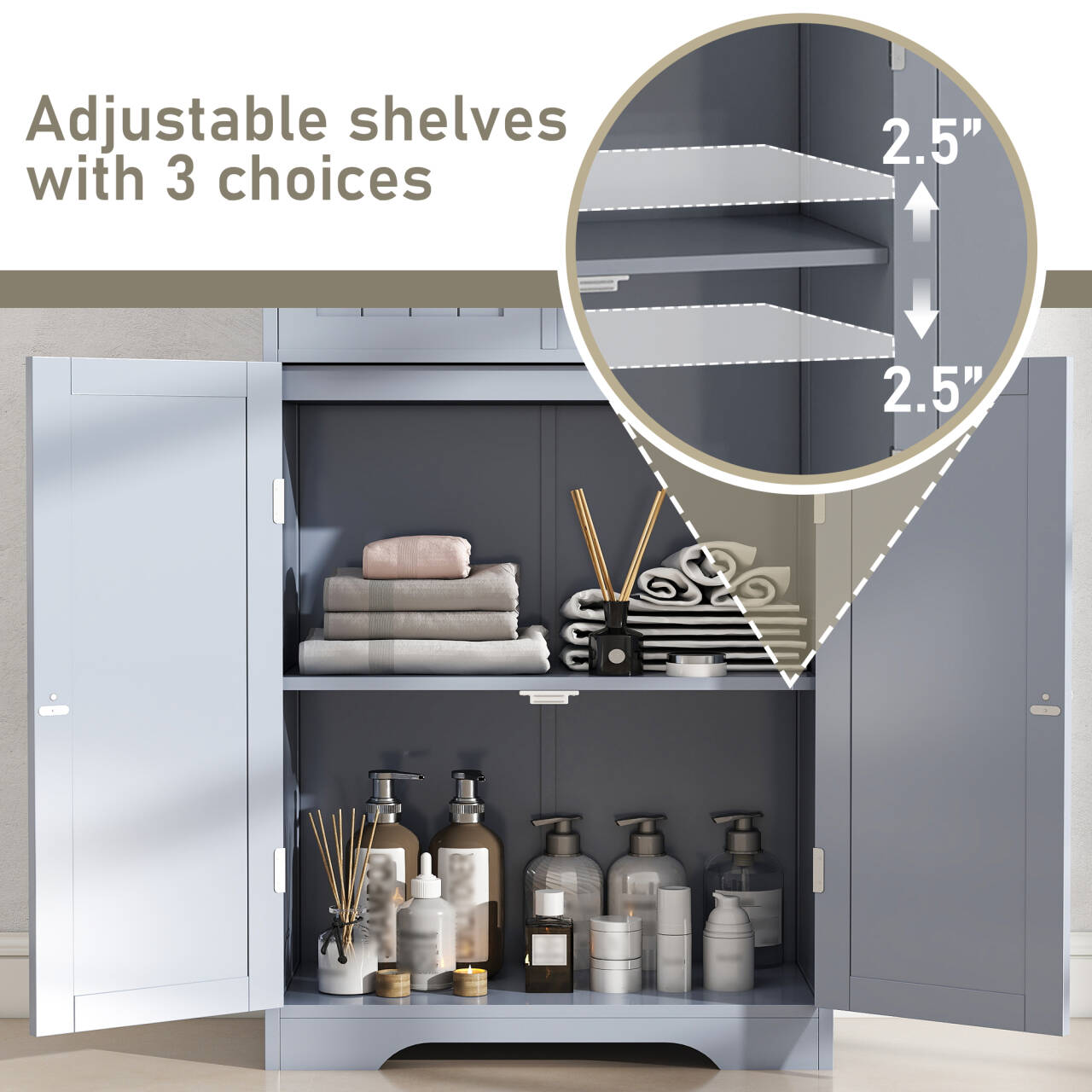 67" Tall Bathroom Storage Cabinet, Freestanding Cabinet with Glass Doors and Shelves, Large Bathroom Pantry with 2 Drawers for Living Room, Kitchen, Dining Room, Office, Gray