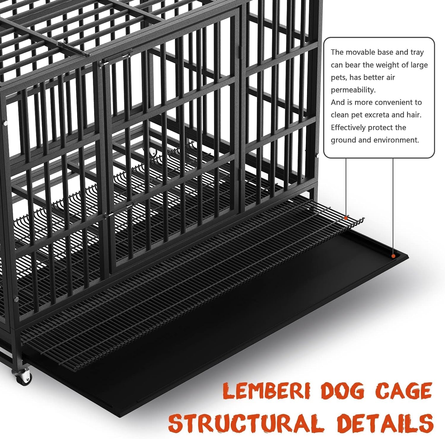 48/38 Inch Heavy Duty Indestructible Dog Crate, Escape Proof Dog Cage Kennel with Lockable Wheels,High Anxiety Double Door,Extra Large Crate Indoor for Large Dog with Removable Tray