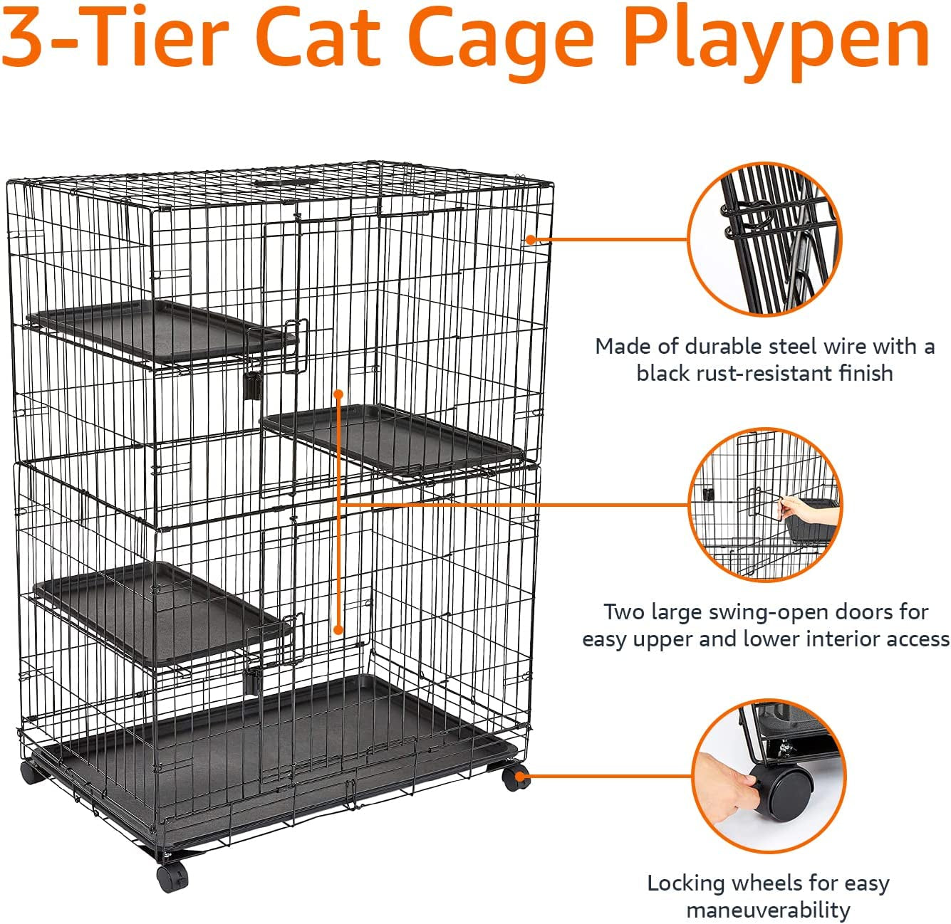 Large 3-Tier Cat Durable,Pliable Cage Playpen Box Crate Kennel - 35.8"L X 22.4"W X 50.6"H, Black