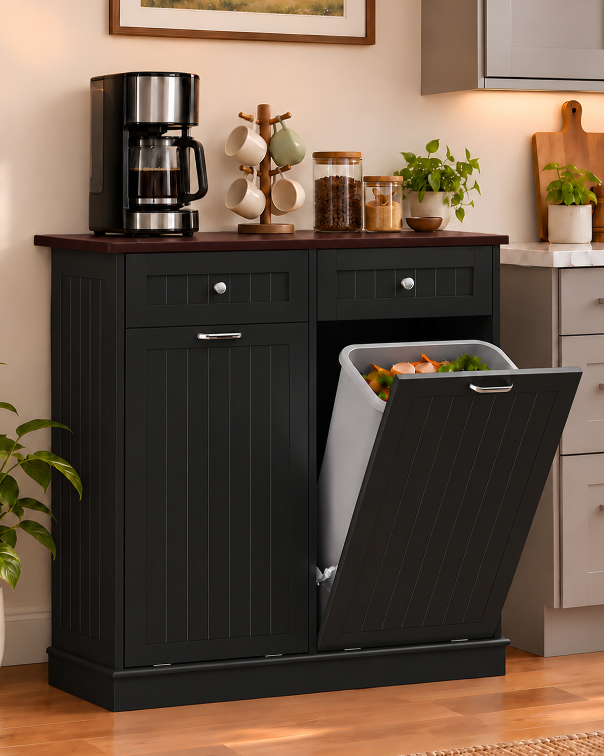 Betterhood 2 x 13 Gallon Tilt Out Trash Cabinet with 2 Big Storage Drawer, Solid Wooden Trash Garbage Can Cabinet, Mid-Century Modern Recycling Cabinet & Laundry Sorter for Kitchen Dining Room, Black