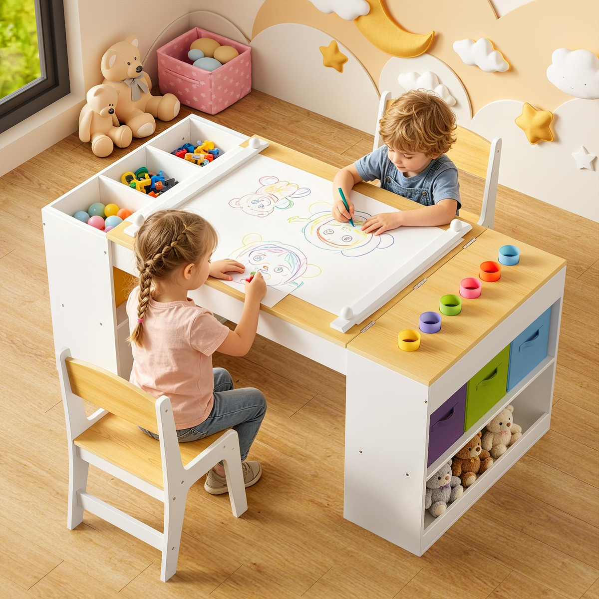 3-Piece Wooden Kids' Art Table & Chairs Set - Multi-Piece Children's Indoor Furniture for Kids' Corner, Rectangular Activity Desk with 6 Storage Bins, 2 Shelves, Paper Roll for Home Drawing, Learning