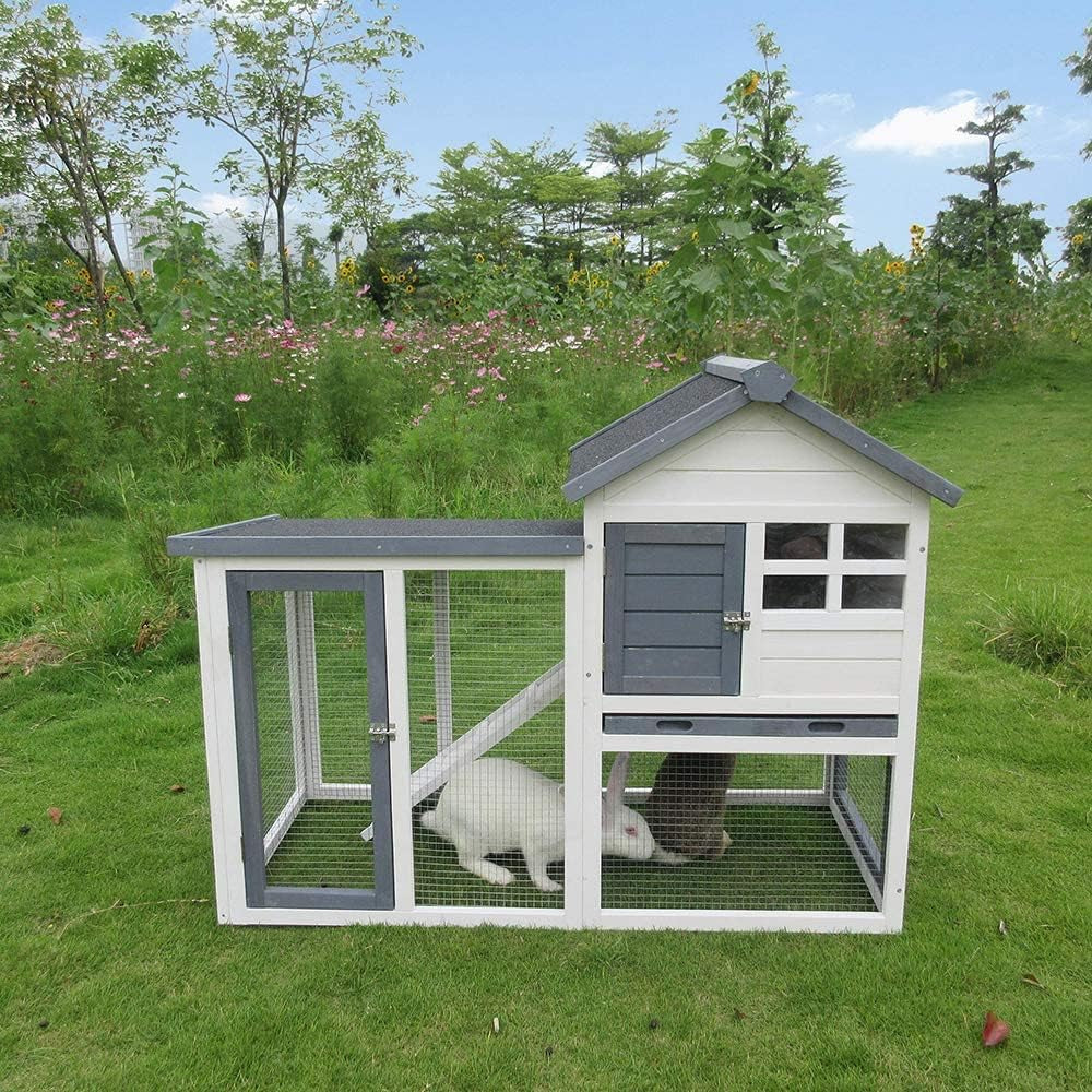 48''L Rabbit Hutch Indoor Outdoor Bunny Cage Rabbit Hutch Wood House Pet Cage for Small Animals (Grey/White)