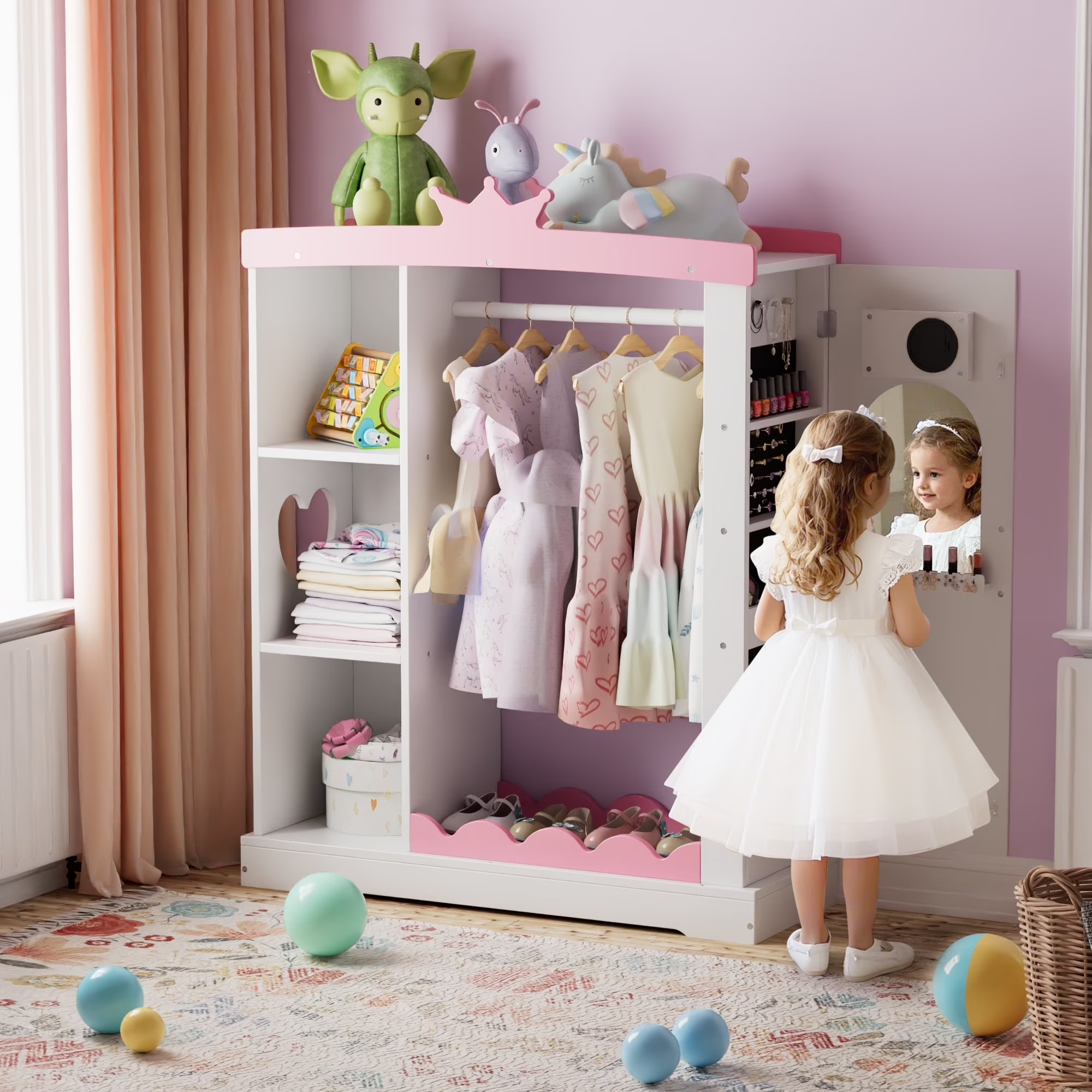 Tolead Kids Dress-Up Closet with Mirror & Jewelry Storage, Toddler Costume Organizer with Hanging Rod & Shelves, Pink Wardrobe for Girls’ Bedroom