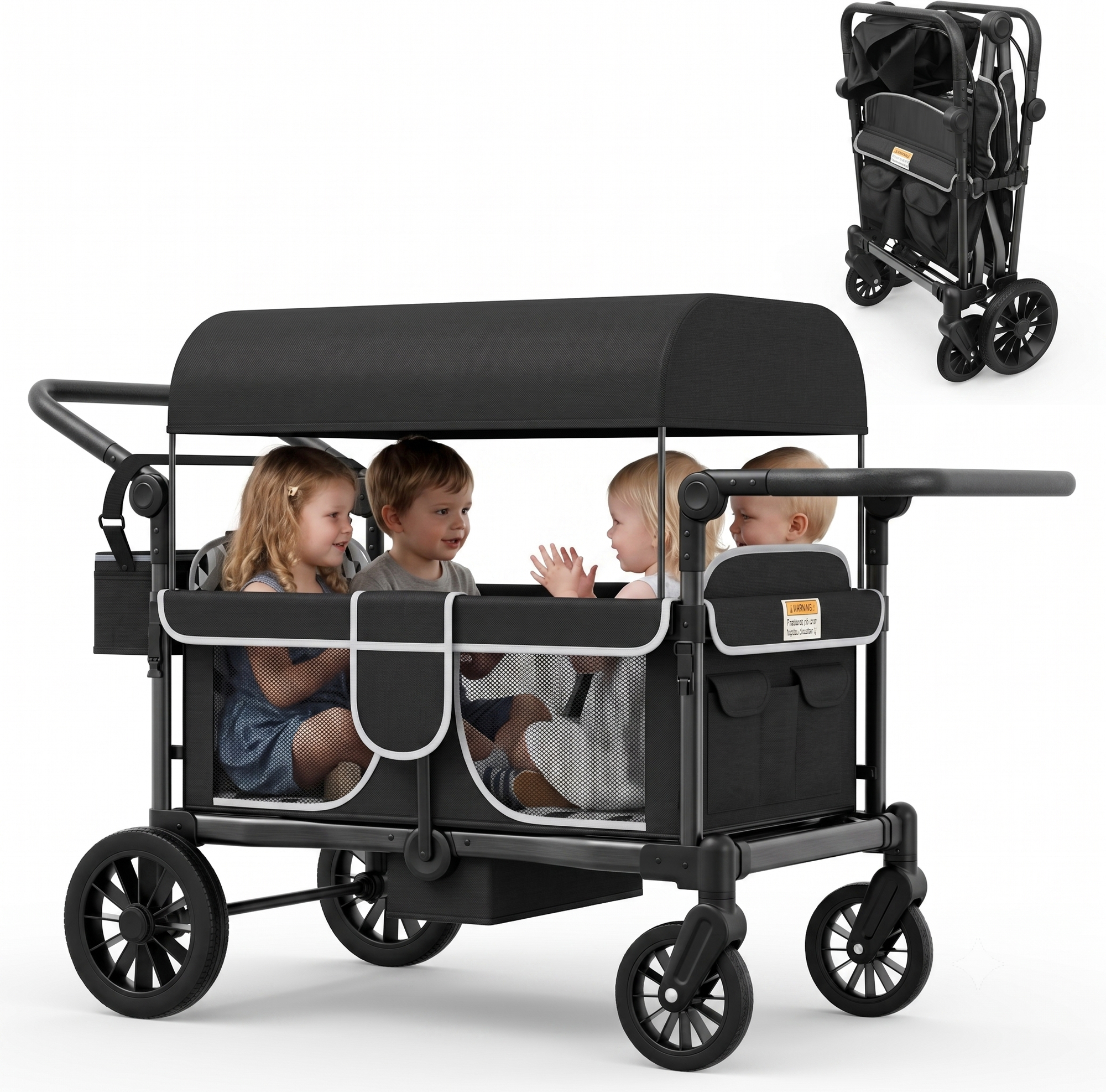 Xilingol 4-Seater Wagon Stroller for Kids, Foldable Outdoor Wagon with Canopy, Adjustable Handle, 5-Point Harness, Detachable Tray & Carry Bag (Black)